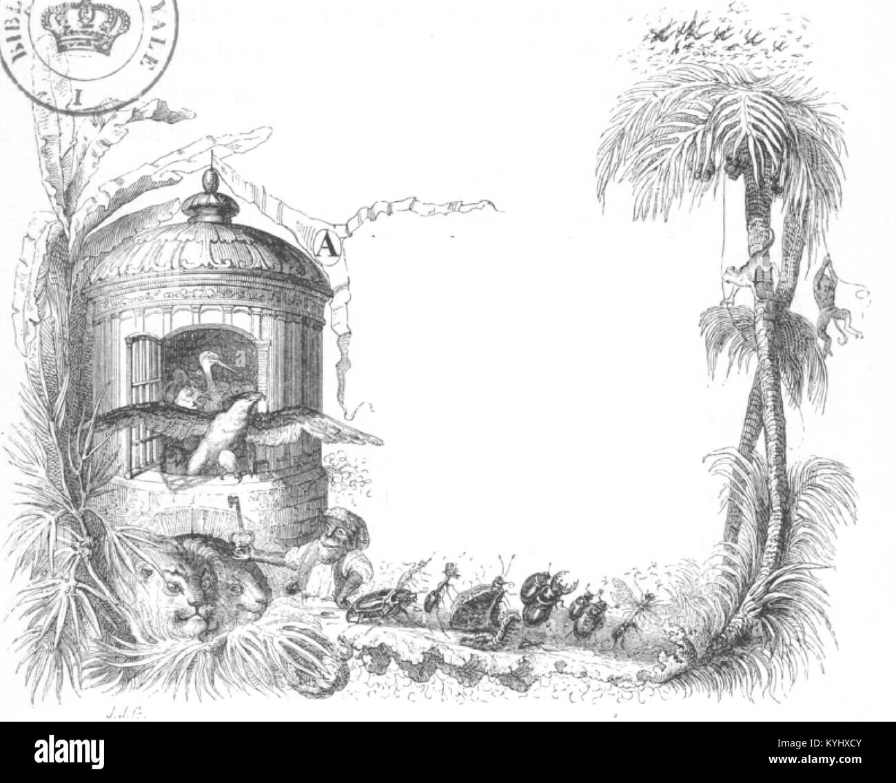 Une illustration tirée de scènes de la vie privée et publique des animaux, représentant des animaux anthropomorphisés engagés dans des activités de type humain, reflétant le commentaire satirique du XIXe siècle sur la société. Banque D'Images