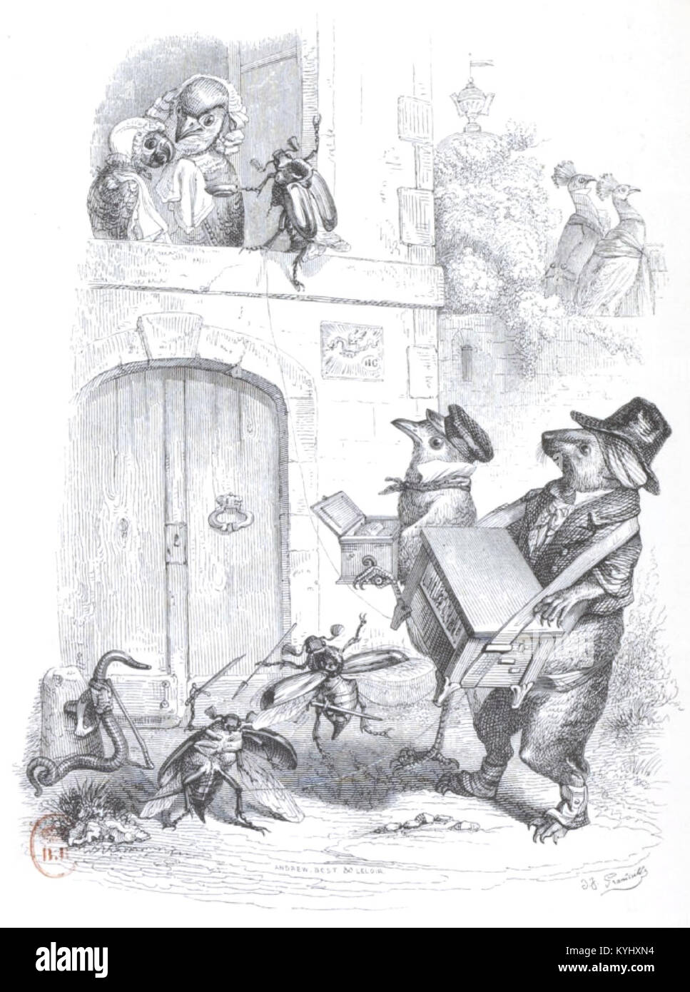 Une illustration tirée de 'scènes de la vie privée et publique des animaux, tome 2' montrant des animaux dans des comportements privés et sociaux pour l'étude comportementale. Banque D'Images