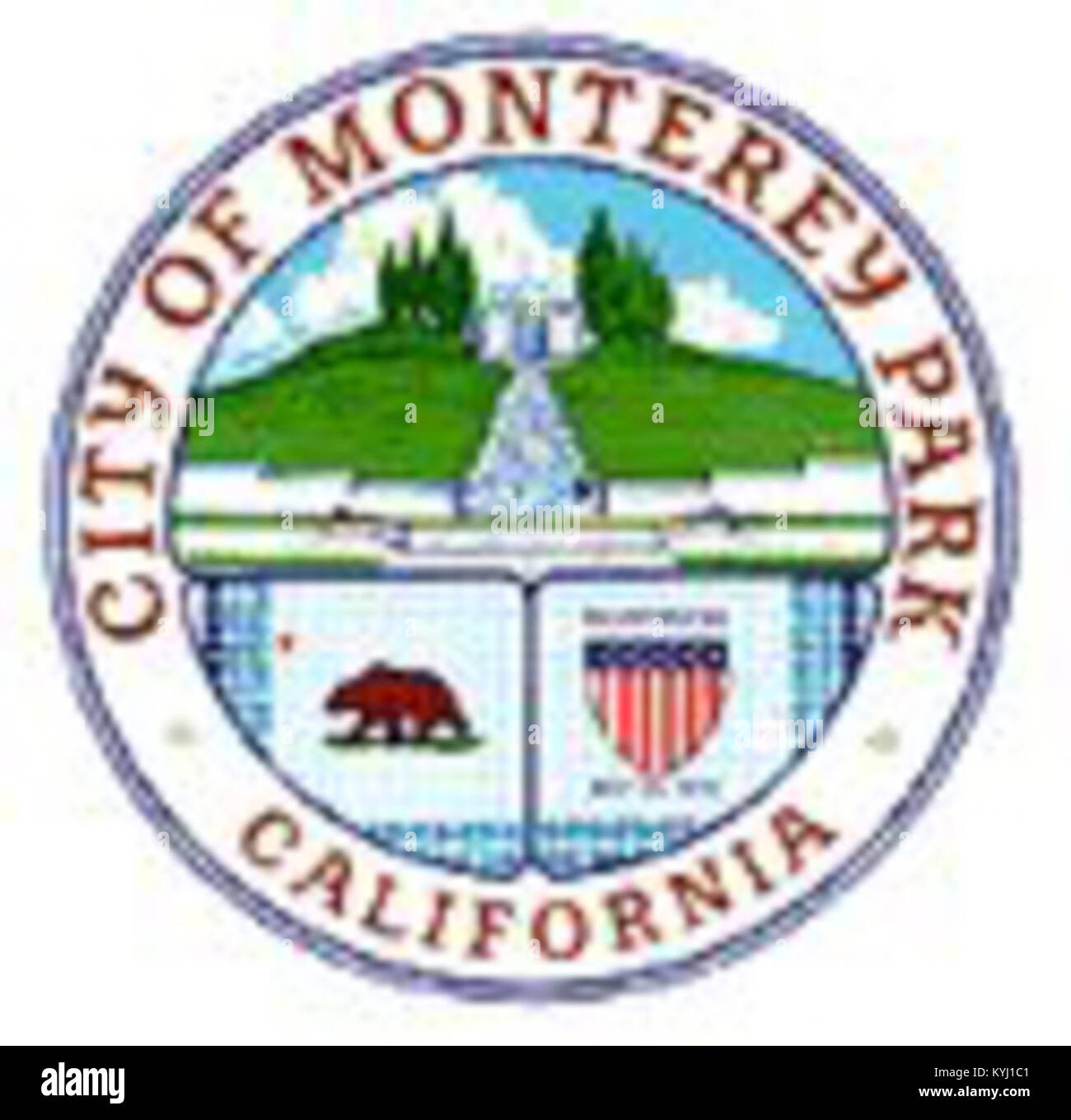 Montre le sceau officiel de Monterrey Park, en Californie, avec des symboles représentant l'histoire, le patrimoine et l'identité culturelle de la ville. Banque D'Images