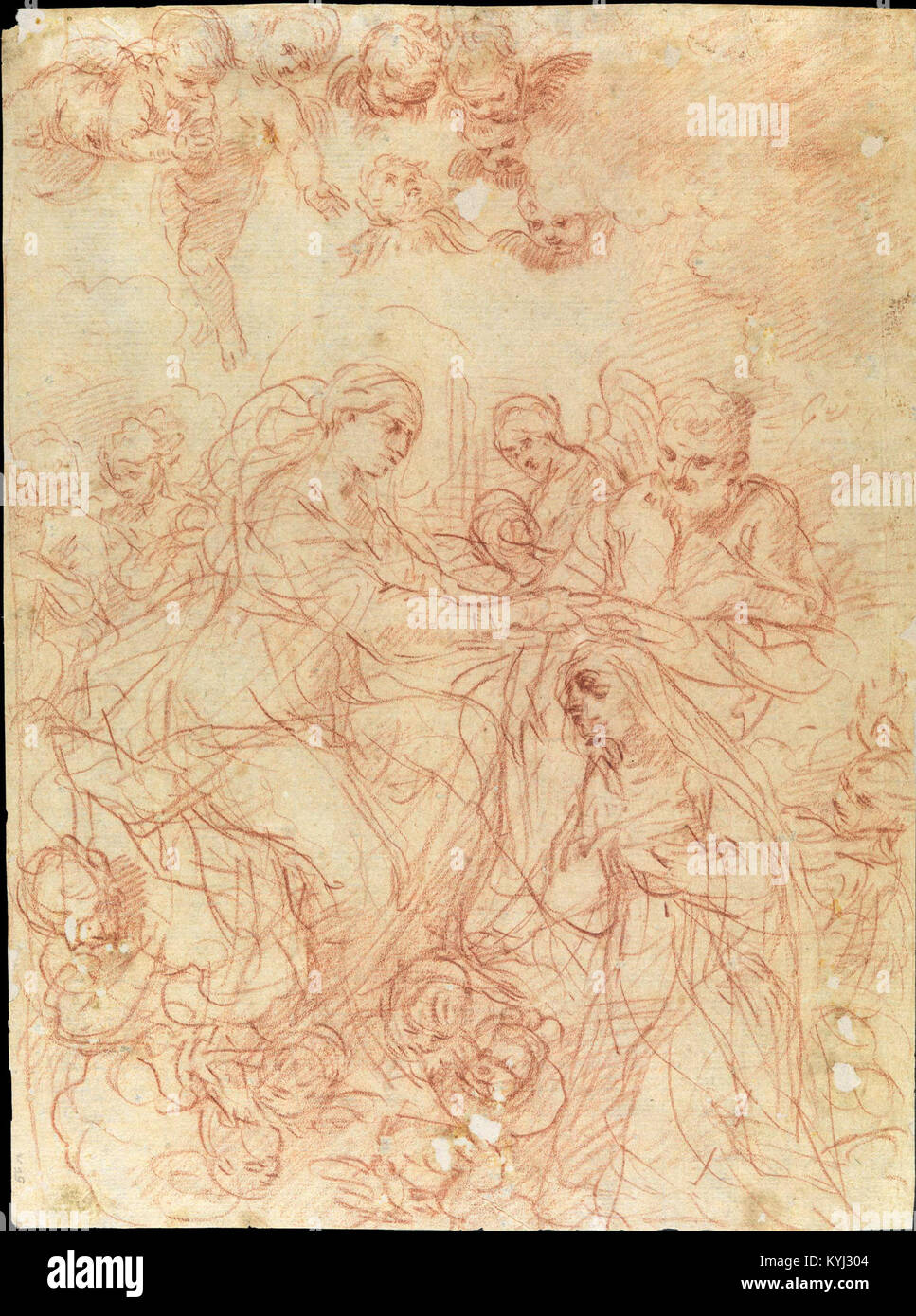 La peinture de Simone Cantarini représente un saint recevant une couronne de la Vierge Marie, illustrant l’iconographie religieuse et les techniques de peinture baroque Banque D'Images