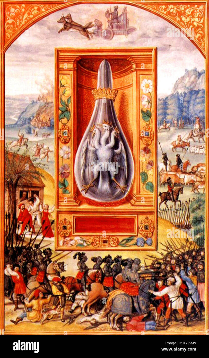 Une illustration de 'Splendor Solis', montrant le symbolisme alchimique avec l'oiseau à trois têtes sur la plaque de mars, reflétant l'alchimie européenne du XVIe siècle. Banque D'Images