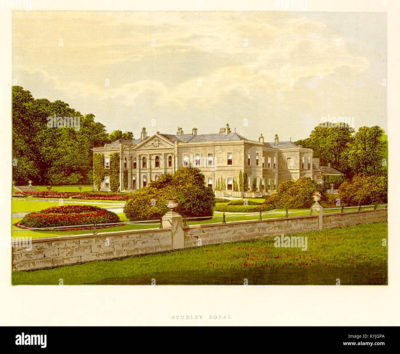 Une illustration de 1880 de Studley Royal en Angleterre, montrant la conception formelle du jardin, les caractéristiques architecturales et les éléments du paysage de ce domaine historique et de ce parc. Banque D'Images