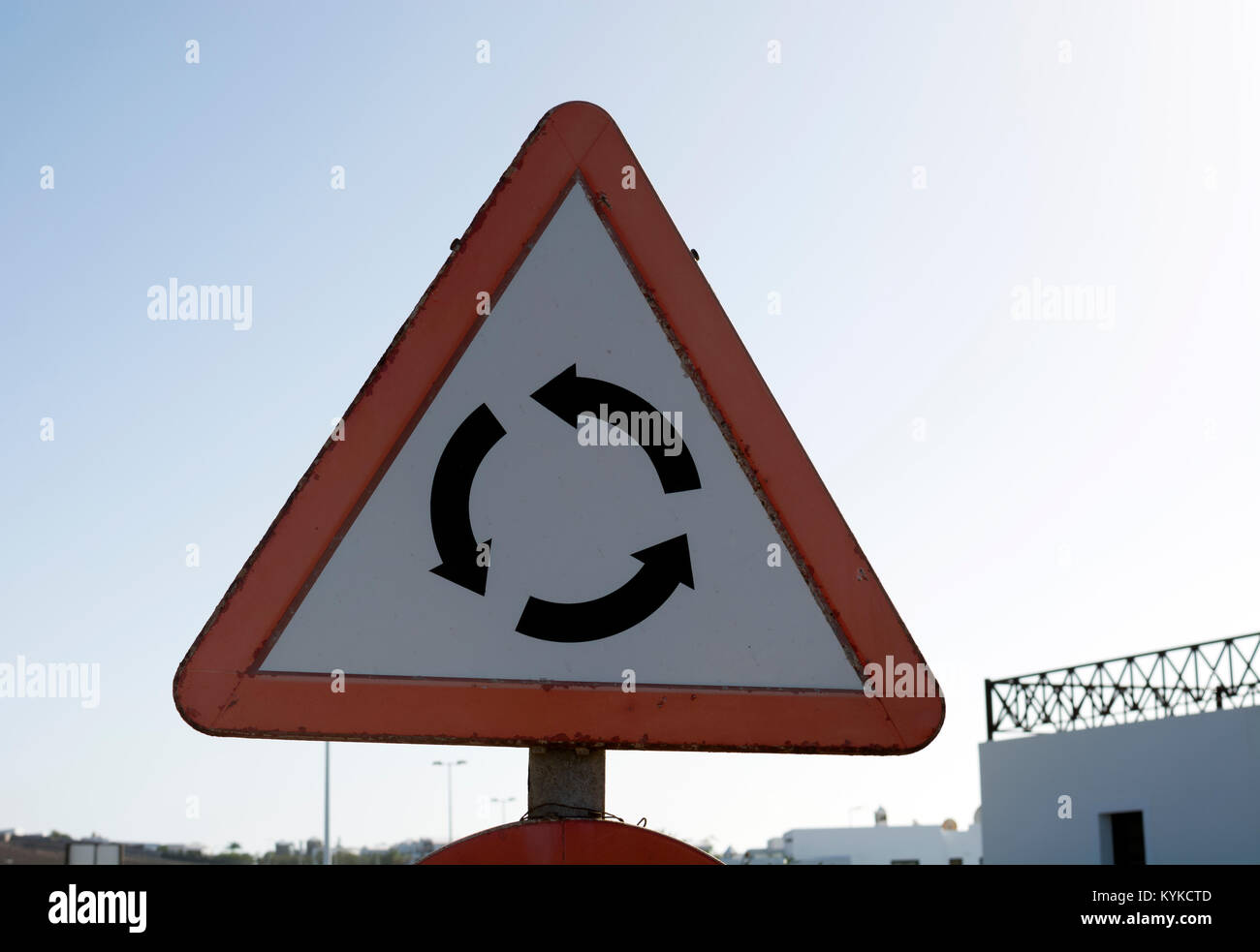 Rond-point road sign, Lanzarote, îles Canaries, Espagne.. Banque D'Images
