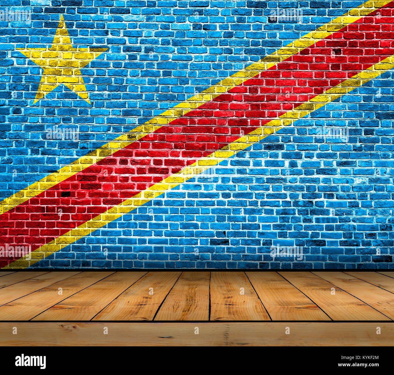 Congo drapeau peint sur mur de briques avec plancher en bois Banque D'Images