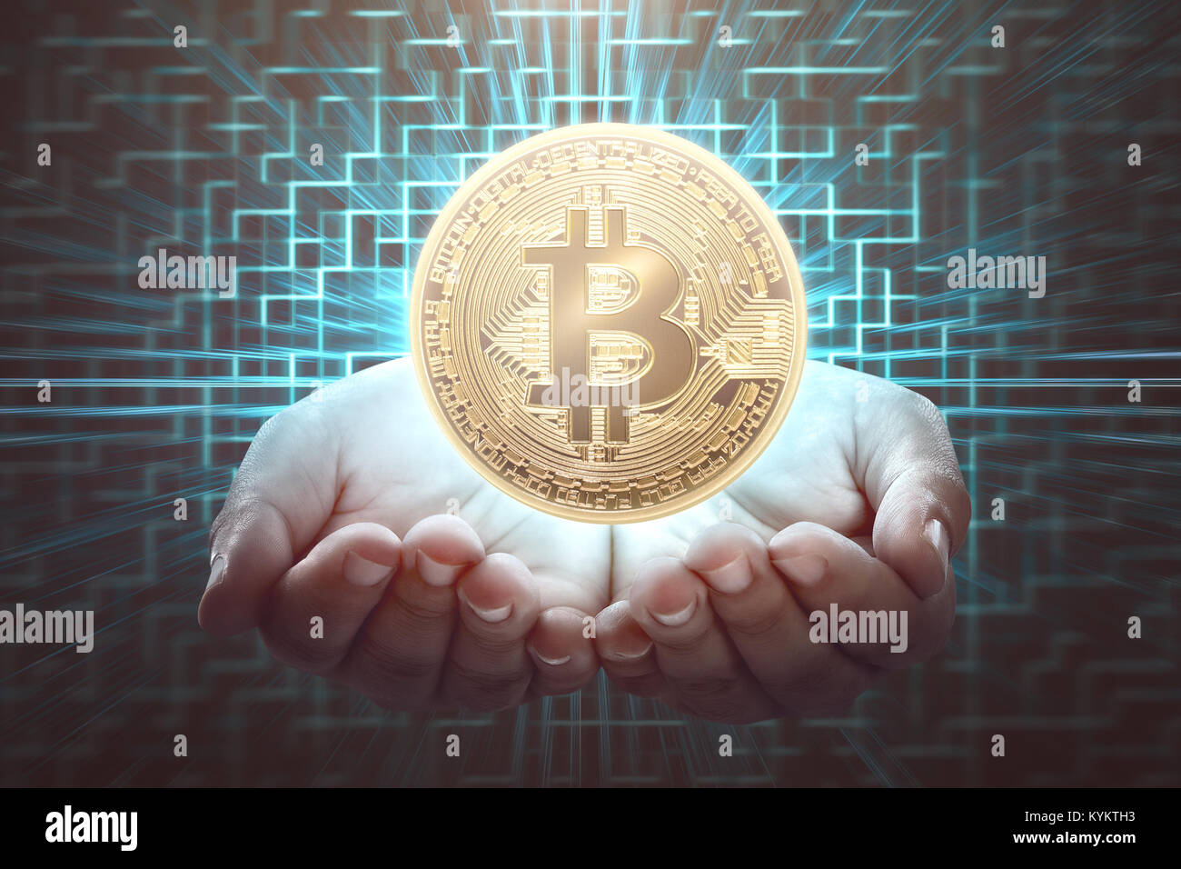 Tenir la main de l'homme. bitcoin Concept image Cryptocurrency Banque D'Images