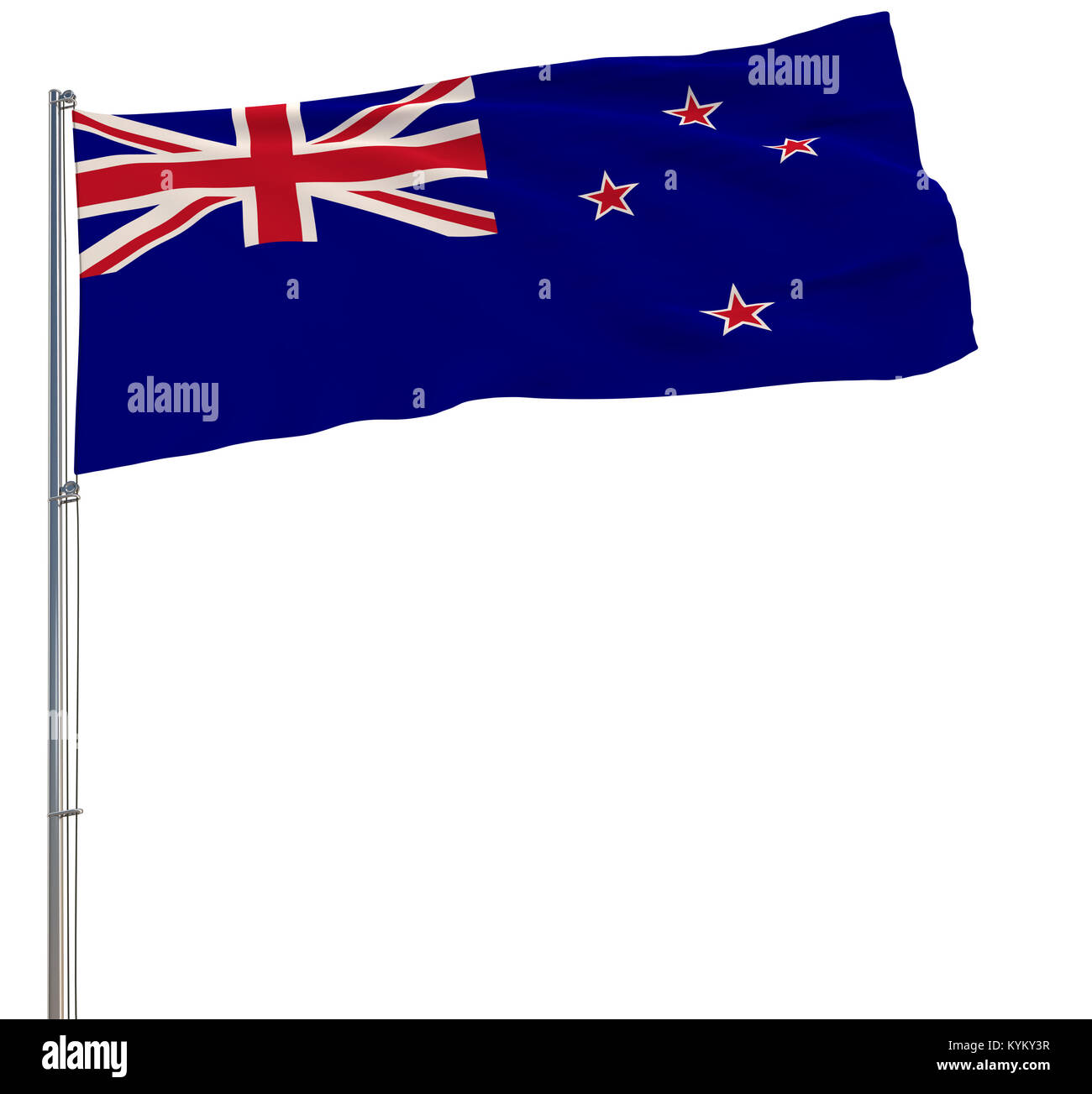 Isoler le drapeau de la Nouvelle-Zélande sur un mât voltigeant dans le vent sur un fond blanc, 3D Rendering Banque D'Images