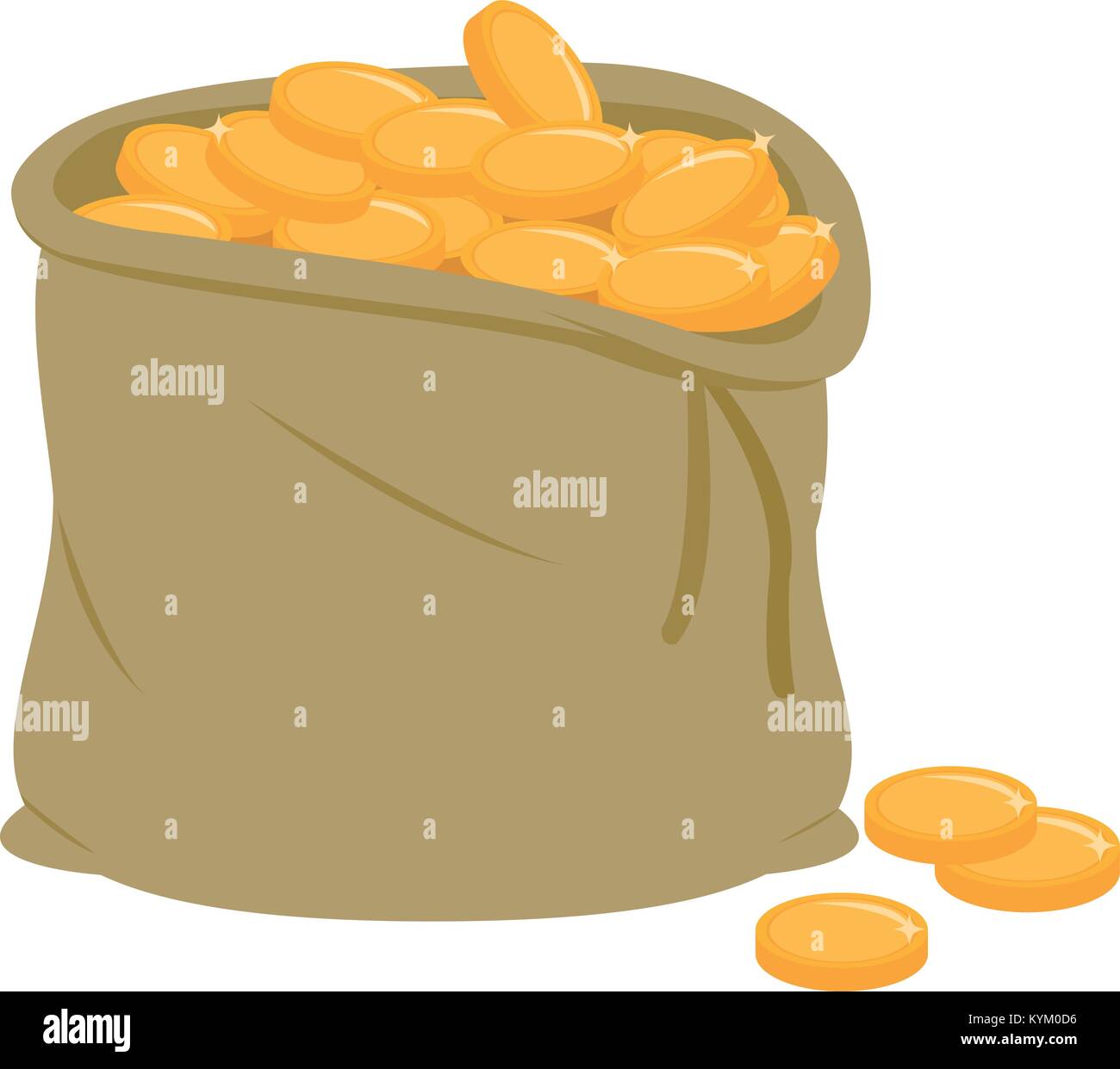 Sac plein de pièces d'or. Vieux sac avec des pièces d'or isolé sur fond blanc. Gain d'argent en or, prix au trésor. Illustration vectorielle Illustration de Vecteur