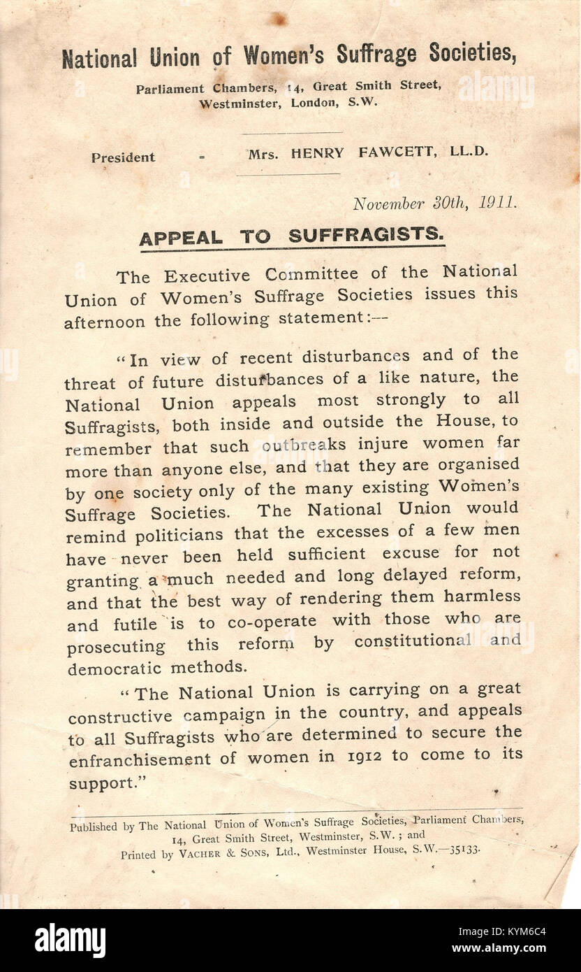 Une image historique d'un dépliant suffragiste de l'Union nationale des sociétés de suffrage des femmes, appelant les femmes à exercer leur droit de vote au début du XXe siècle. Banque D'Images