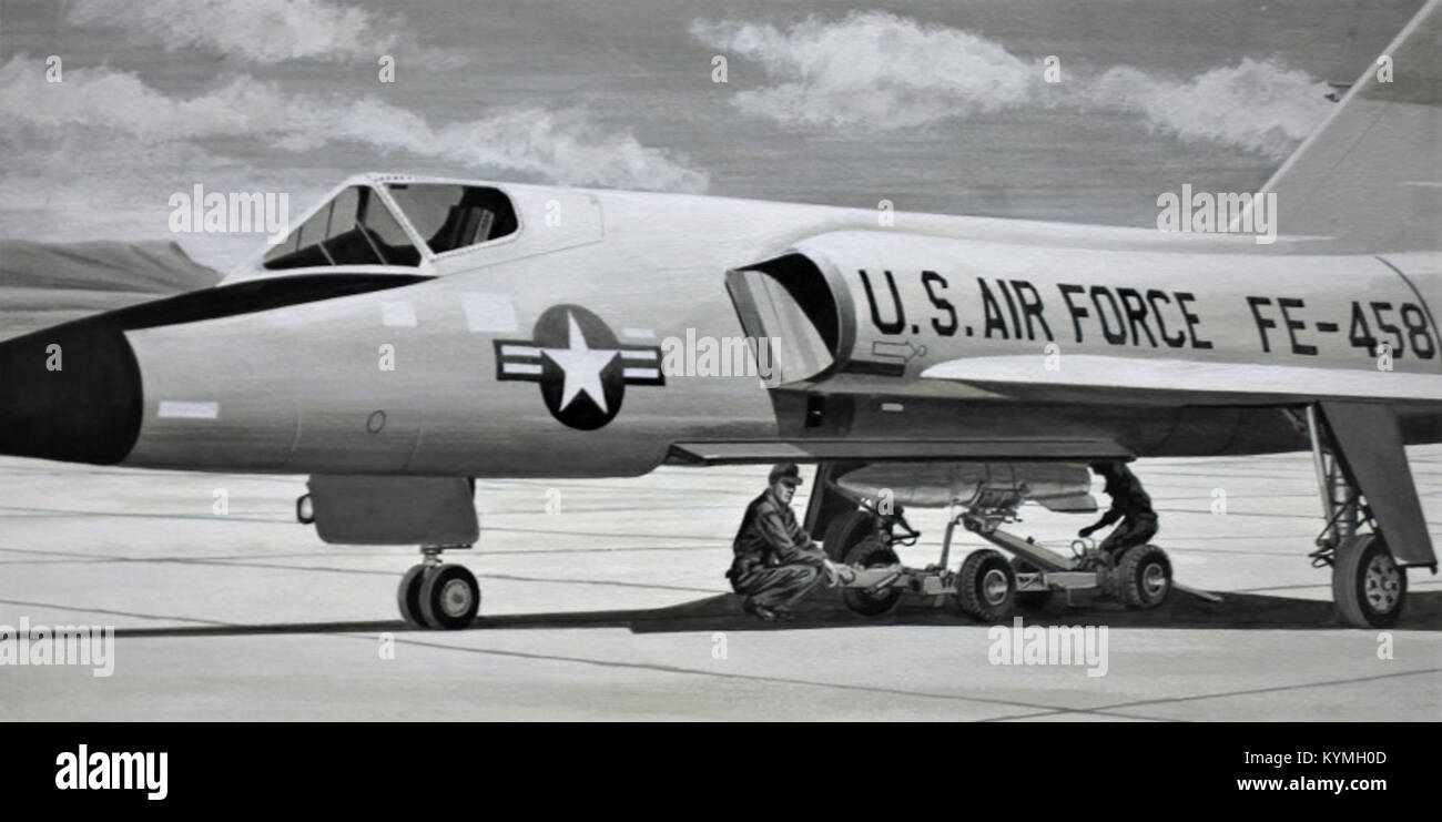 Une image historique du F-106A Delta Dart, un intercepteur de l'US Air Force, avec son missile Genie. L'image provient de la collection Robert Kemp, mettant en valeur des avions militaires de l'époque de la Guerre froide. Banque D'Images