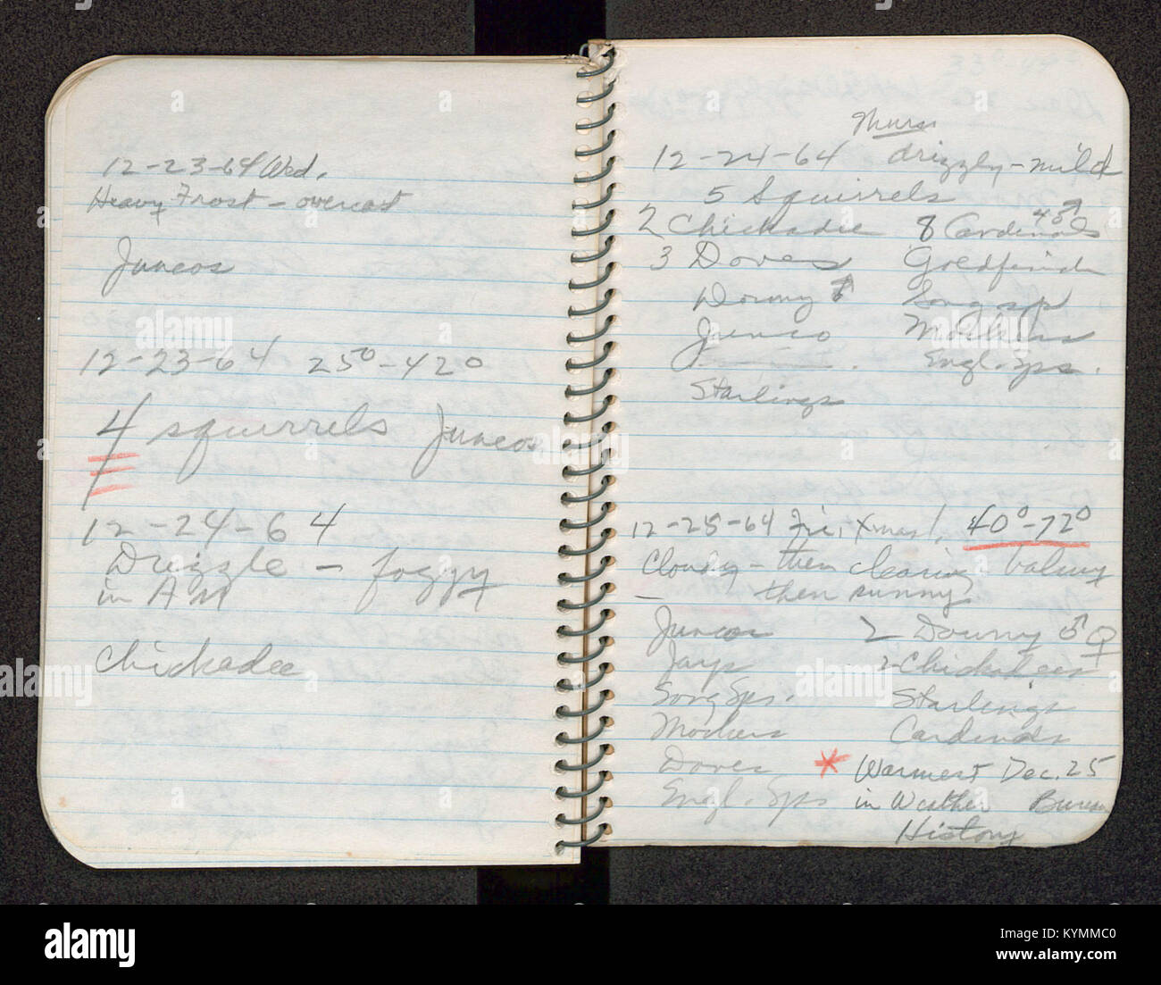 Une entrée du Field book du jour de Noël, 2012, capturant un moment d'importance historique. L'entrée donne un aperçu des événements de la journée, enregistrés par la Smithsonian institution. Banque D'Images