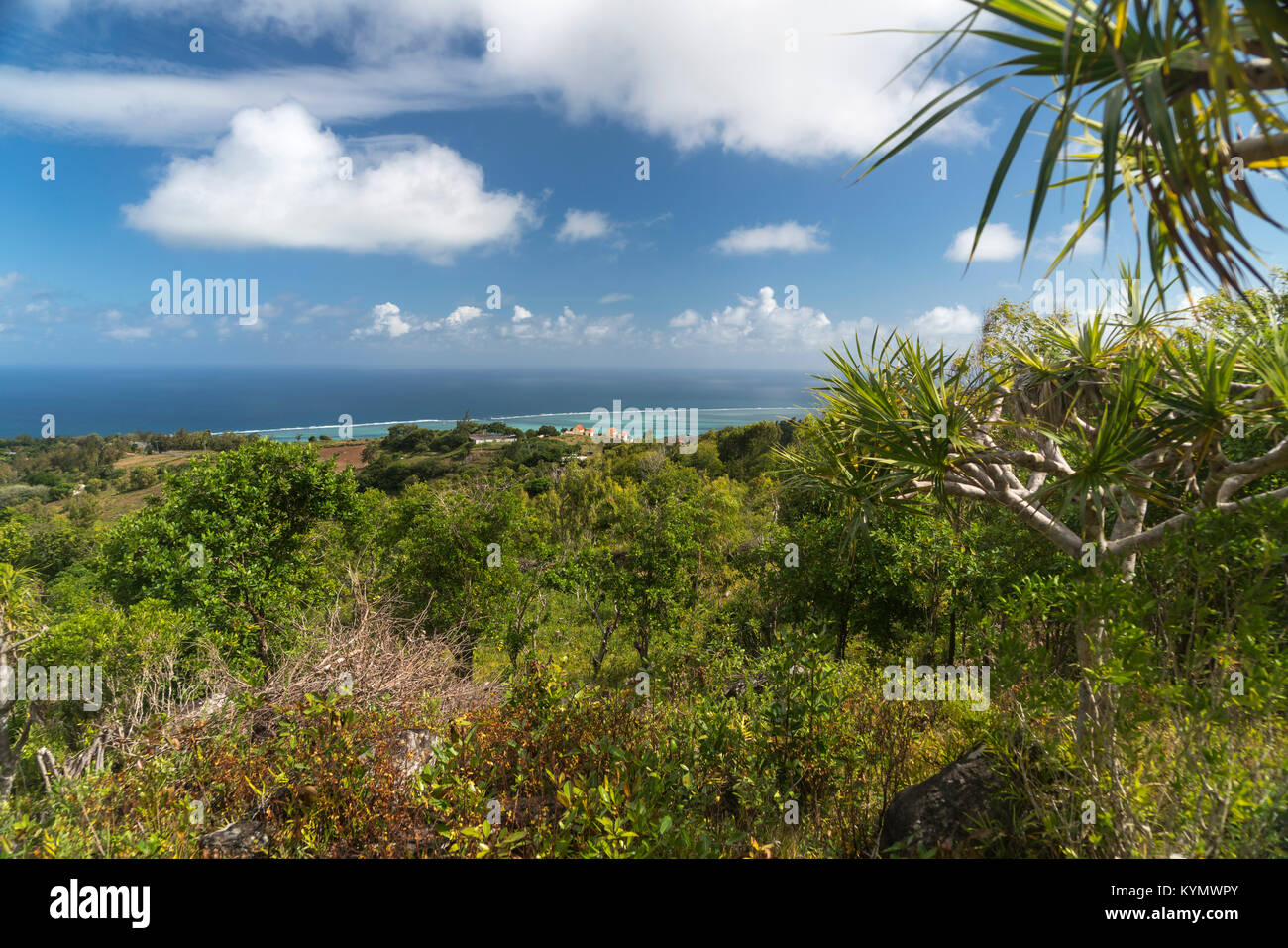 Blick vom Grand Montagne Nature Reserve auf der Insel Nord-Westküste Rodrigues, Maurice, Afrika, | Voir Grand de Montagne Nature Reserve ove Banque D'Images