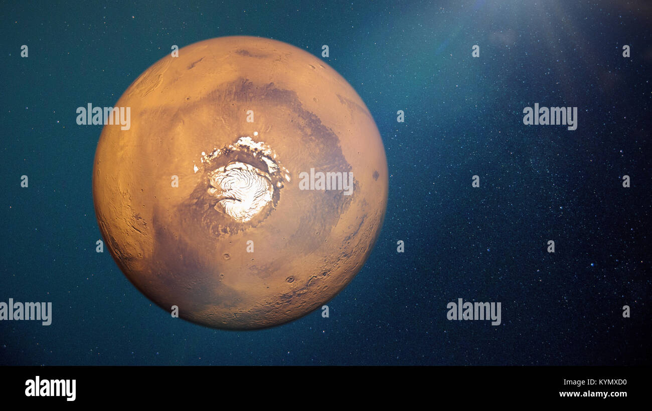 Mars en couleurs naturelles avec la Planète Rouge au nord de la calotte polaire (3d render, éléments de cette image sont meublées par la NASA) Banque D'Images