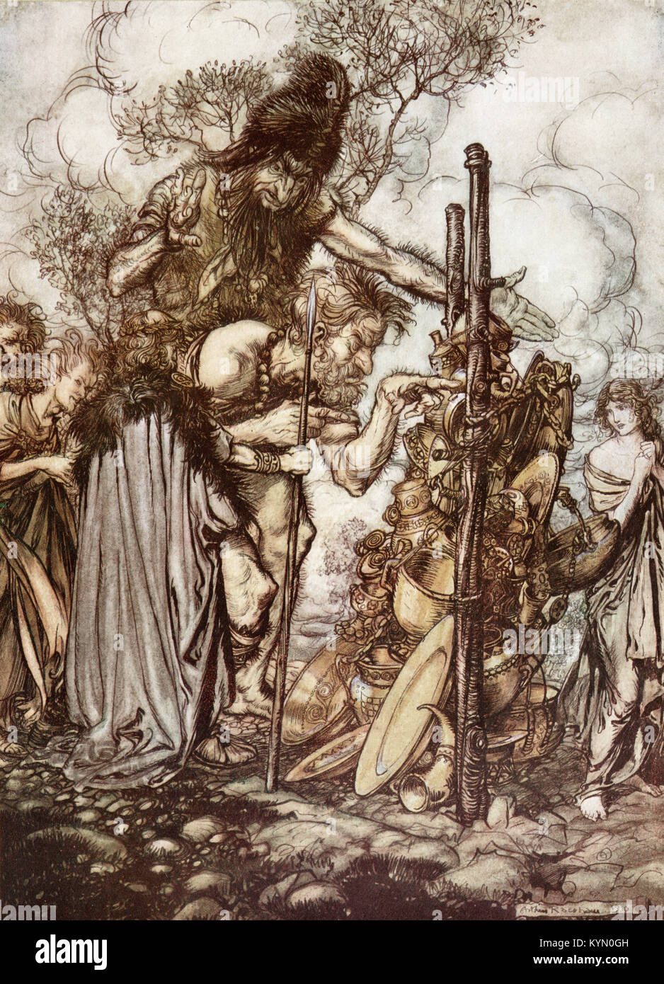 Une illustration par Arthur Rackham de 'l'or du Rhin et la Valkyrie', sous-titrées - ' Fafner. Hé ! Viens ici. Et m'arrêter ce recoin ! ' Banque D'Images