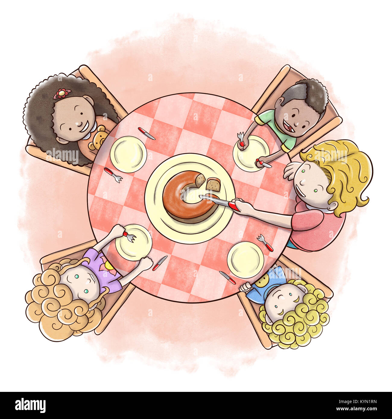 Vue aérienne de la mère au service de gâteau à un groupe d'enfants - aquarelle background Banque D'Images