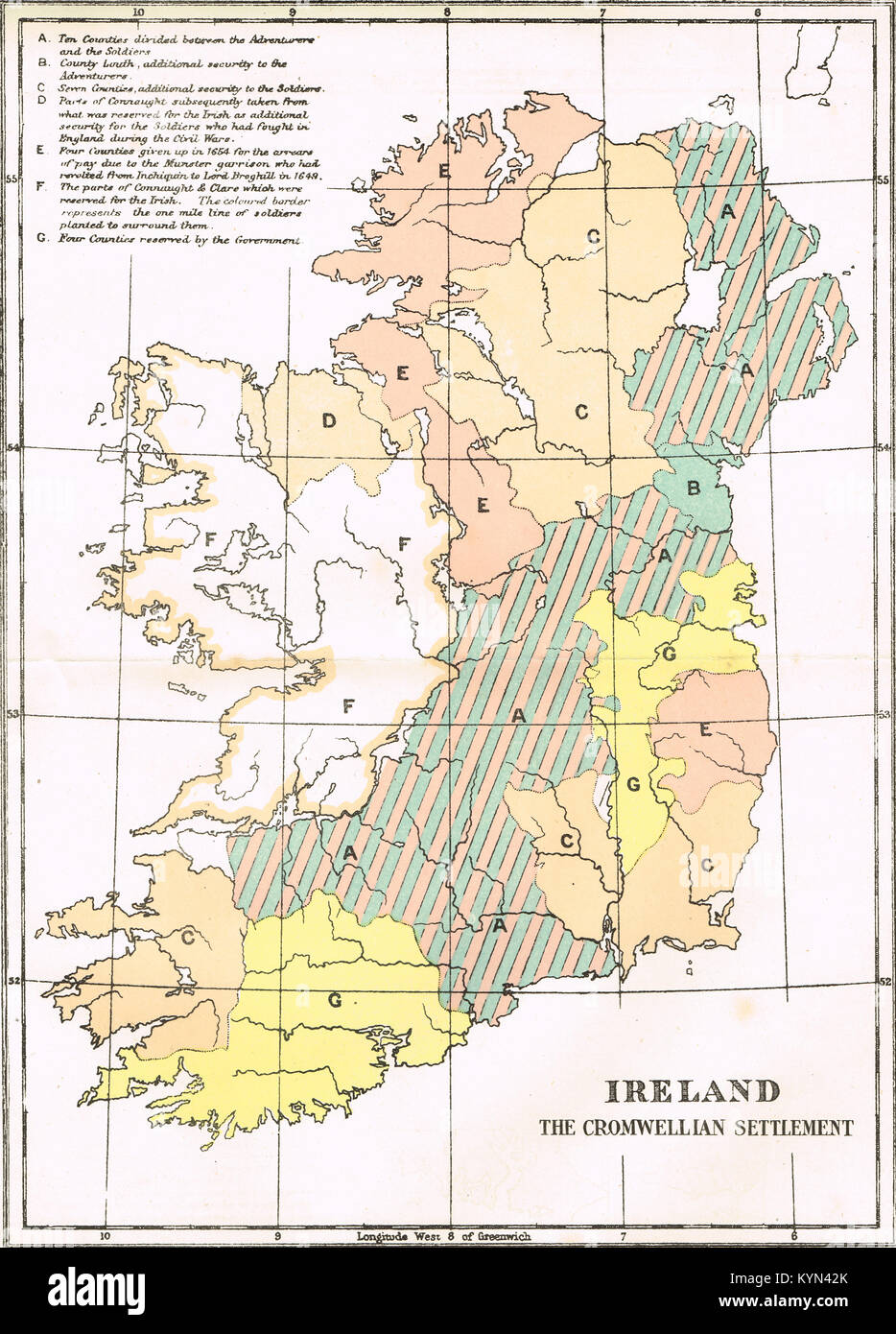 Carte de la colonisation Cromwellienne de l'Irlande, 1652 Banque D'Images