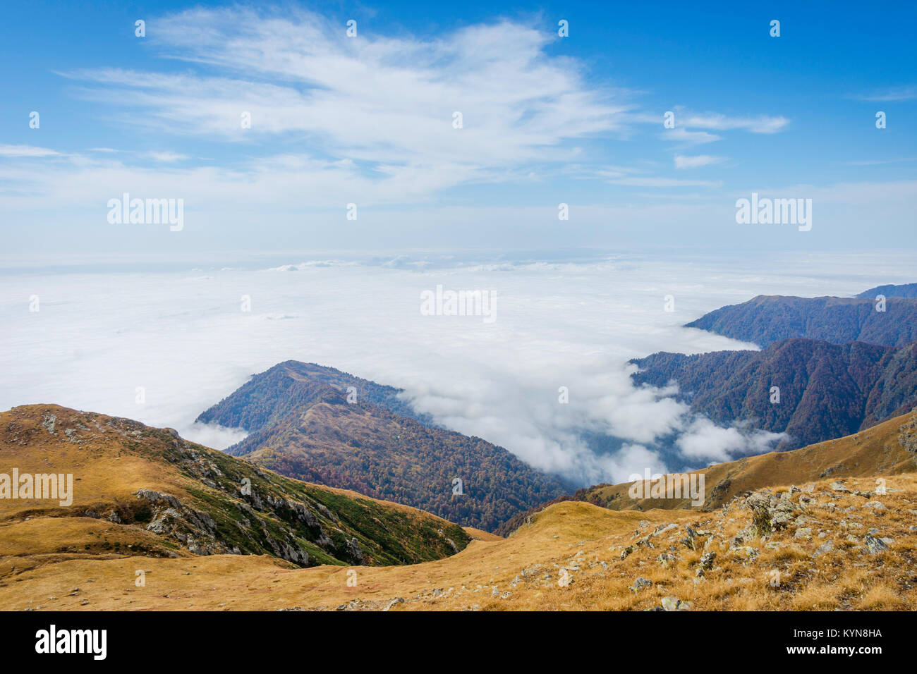 Montagnes d'or et mer de nuages, parc national Lagodekhi, Géorgie Banque D'Images