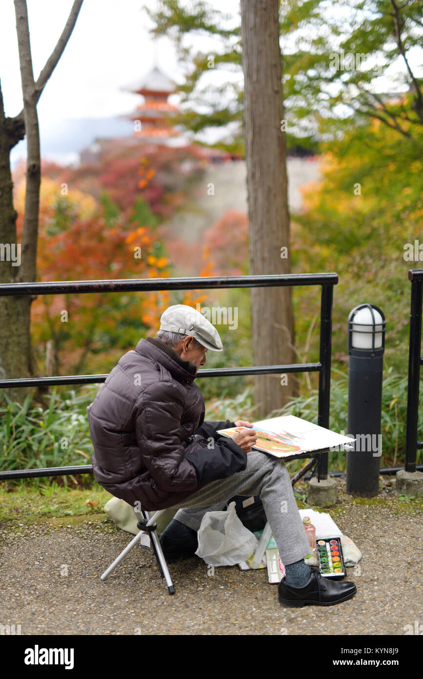 La peinture de l'artiste japonais Temple Kiyomizu-dera à décor de l'automne. Higashiyama, Kyoto, Japon, 2017. Banque D'Images