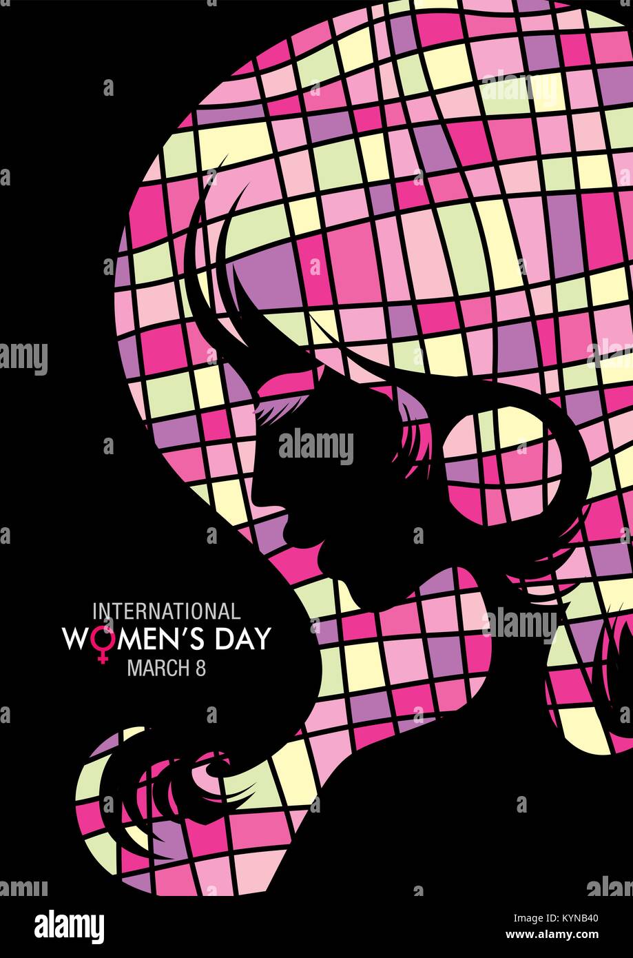 Design au sujet de la Journée internationale de la femme avec un dessin d'un visage de femme avec des carrés texture sur fond noir. Image vectorielle Illustration de Vecteur