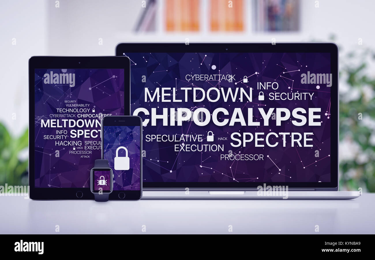 Concept Chipocalypse avec meltdown et spectre menace sur les écrans de divers dispositifs. Banque D'Images
