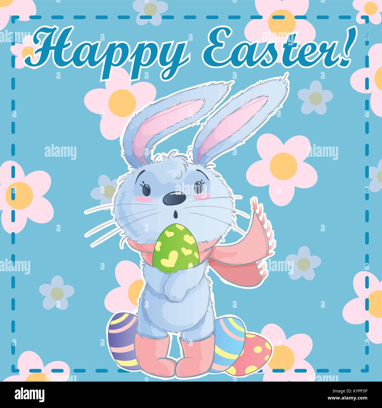 Modèle de carte de voeux poster Joyeuses Pâques avec cute cartoon bunny holding les oeufs de pâques sur un fond vert avec la camomille. Vector illustration. Illustration de Vecteur