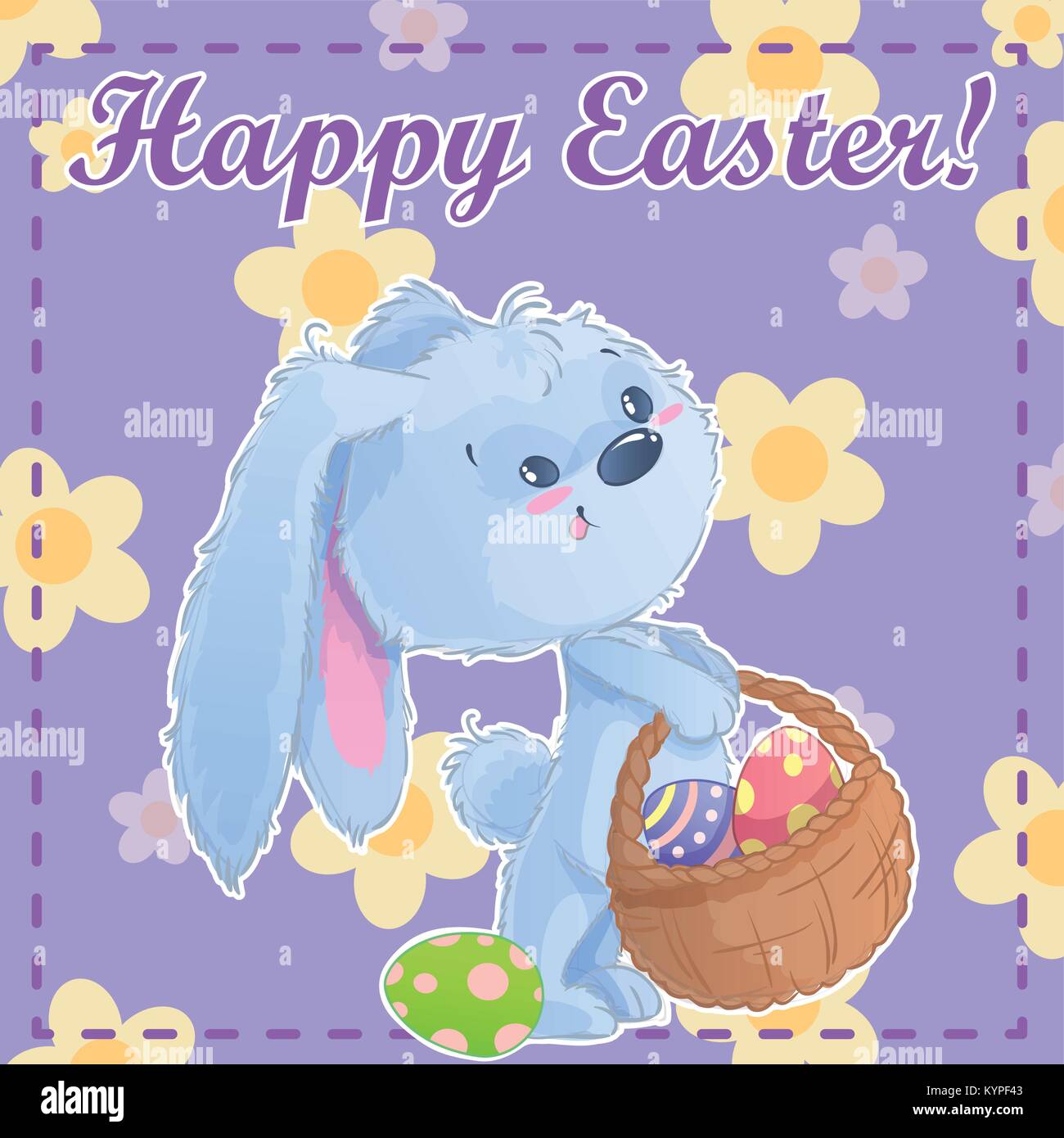 Carte postale de voeux modèle imprimable Joyeuses Pâques avec cute cartoon bunny holding les oeufs de pâques sur un fond vert avec la camomille. Vector illustration. Illustration de Vecteur