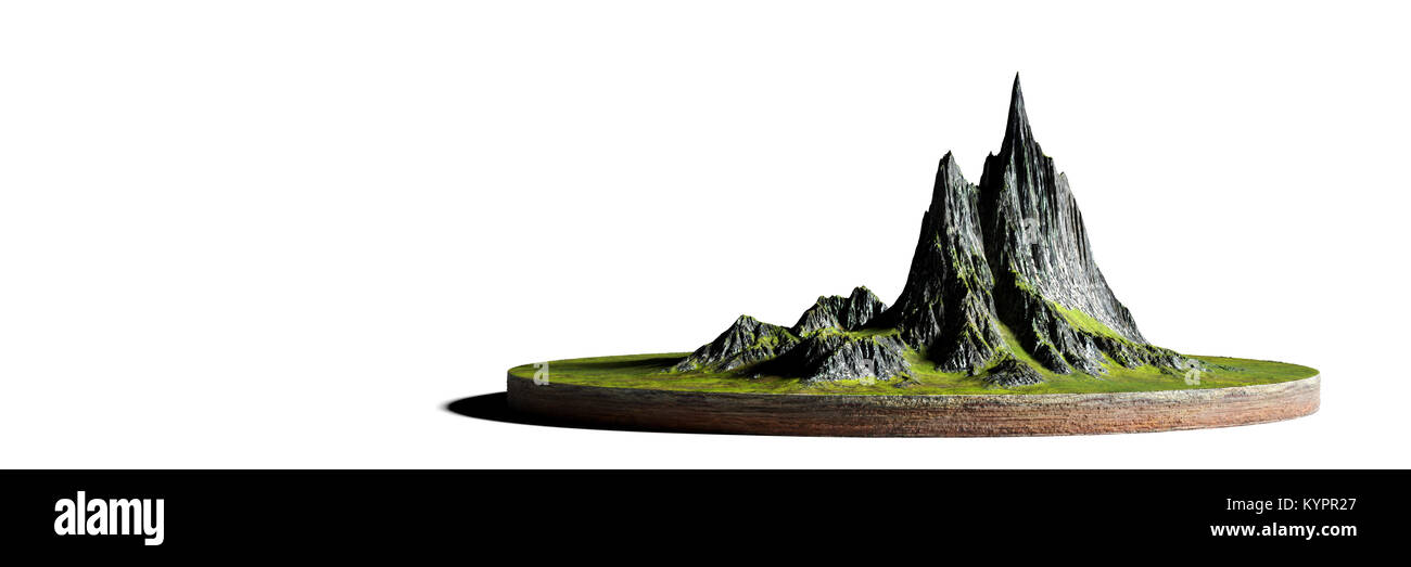 Modèle d'un échantillon de sol avec des montagnes et des prairies (3d illustration bannière, isolé sur fond blanc) Banque D'Images