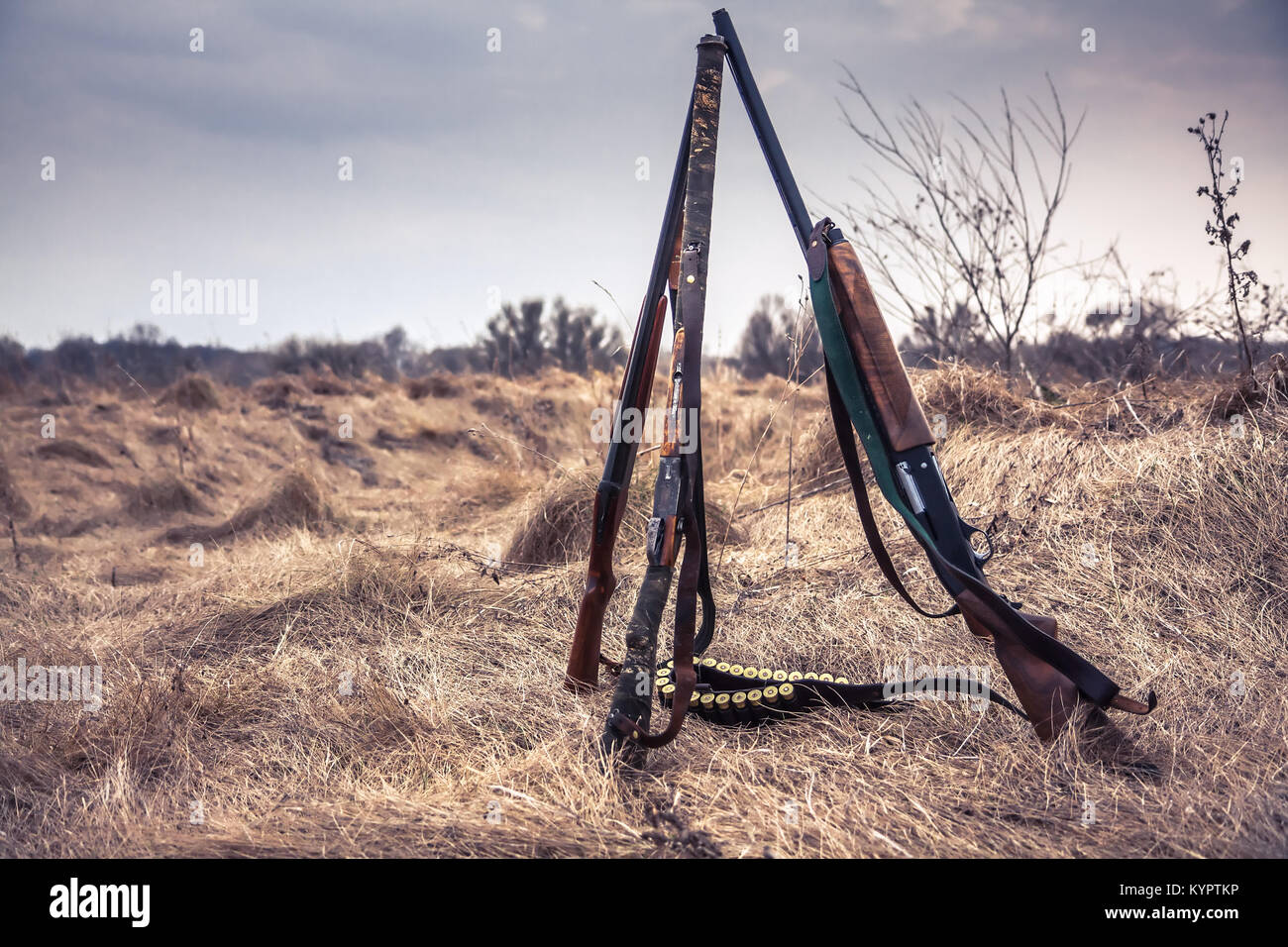 Les fusils de chasse dans la région de dry rural domaine couvert en journée avec ciel dramatique pendant la saison de la chasse comme arrière-plan de chasse avec copie espace dans le style far west Banque D'Images