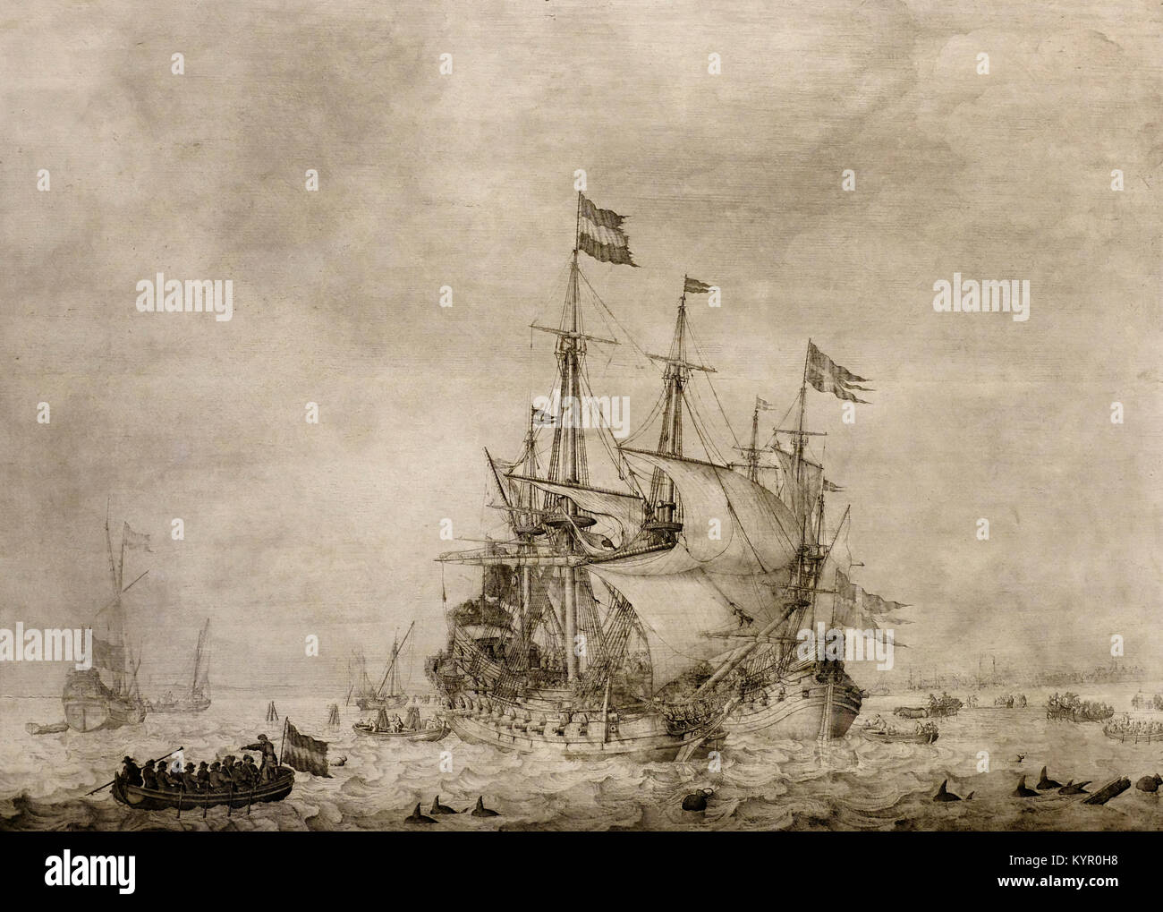 Morceau de la mer avec des navires marchands néerlandais et suédois flûte, 1650 - Willem van de Velde l'ancien Banque D'Images