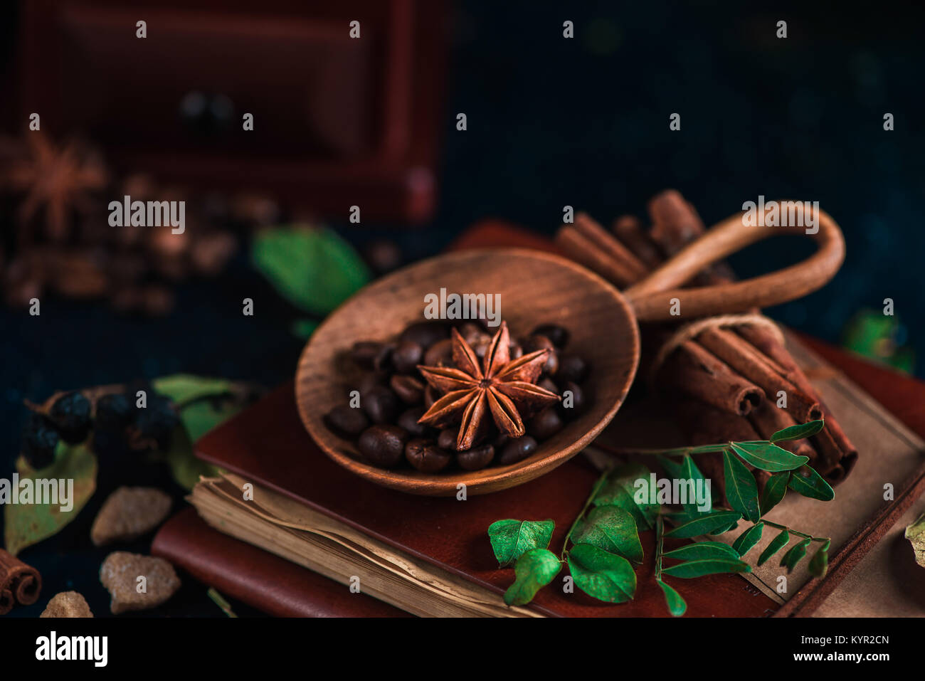 Bol en bois avec les grains de café sur un fond sombre avec des étoiles d'anis, la cannelle, le sucre brun et les feuilles. Vintage still life with barista ustensiles. Brewi Banque D'Images