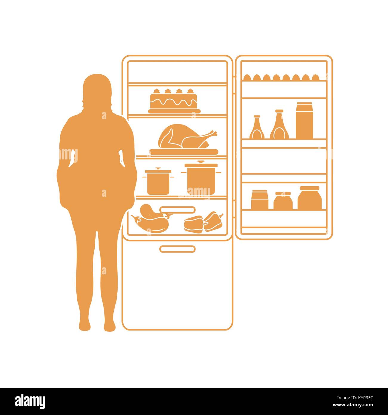 Grosse femme se tient au réfrigérateur plein de nourriture. Les habitudes alimentaires néfastes. Bannière pour la conception et l'impression. Illustration de Vecteur