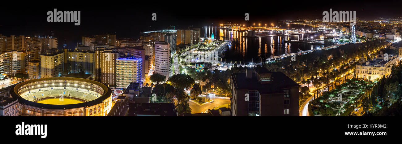 Vue pittoresque de la ville de Malaga rougeoyant colorés en nuit Banque D'Images