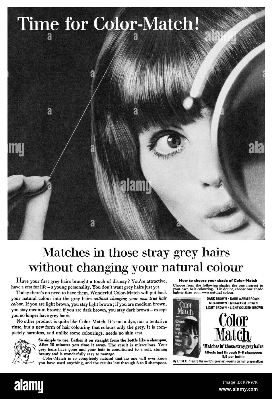 1965 La publicité pour l'Oréal Color-Match coloration de cheveux pour cacher cheveux blancs. Banque D'Images