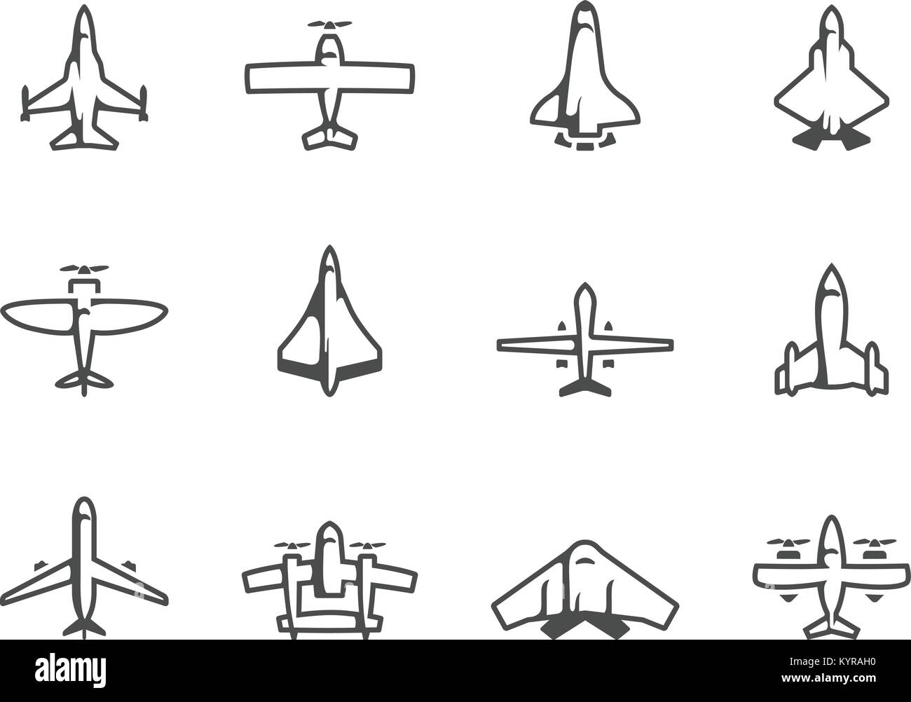 Airplane silhouette icônes en noir et blanc. Vector illustration. Illustration de Vecteur