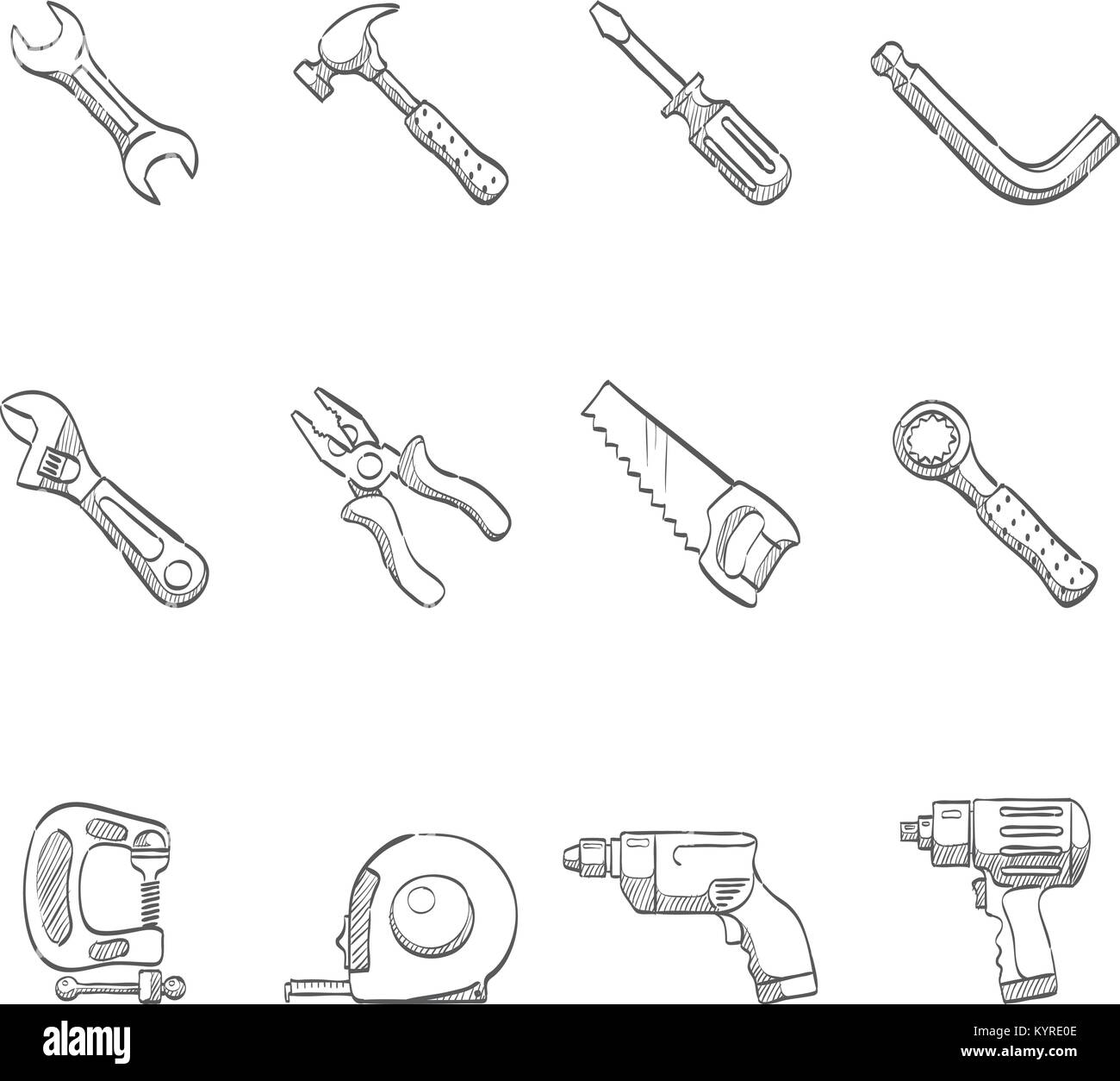 Outils à main série icône au croquis. Illustration de Vecteur