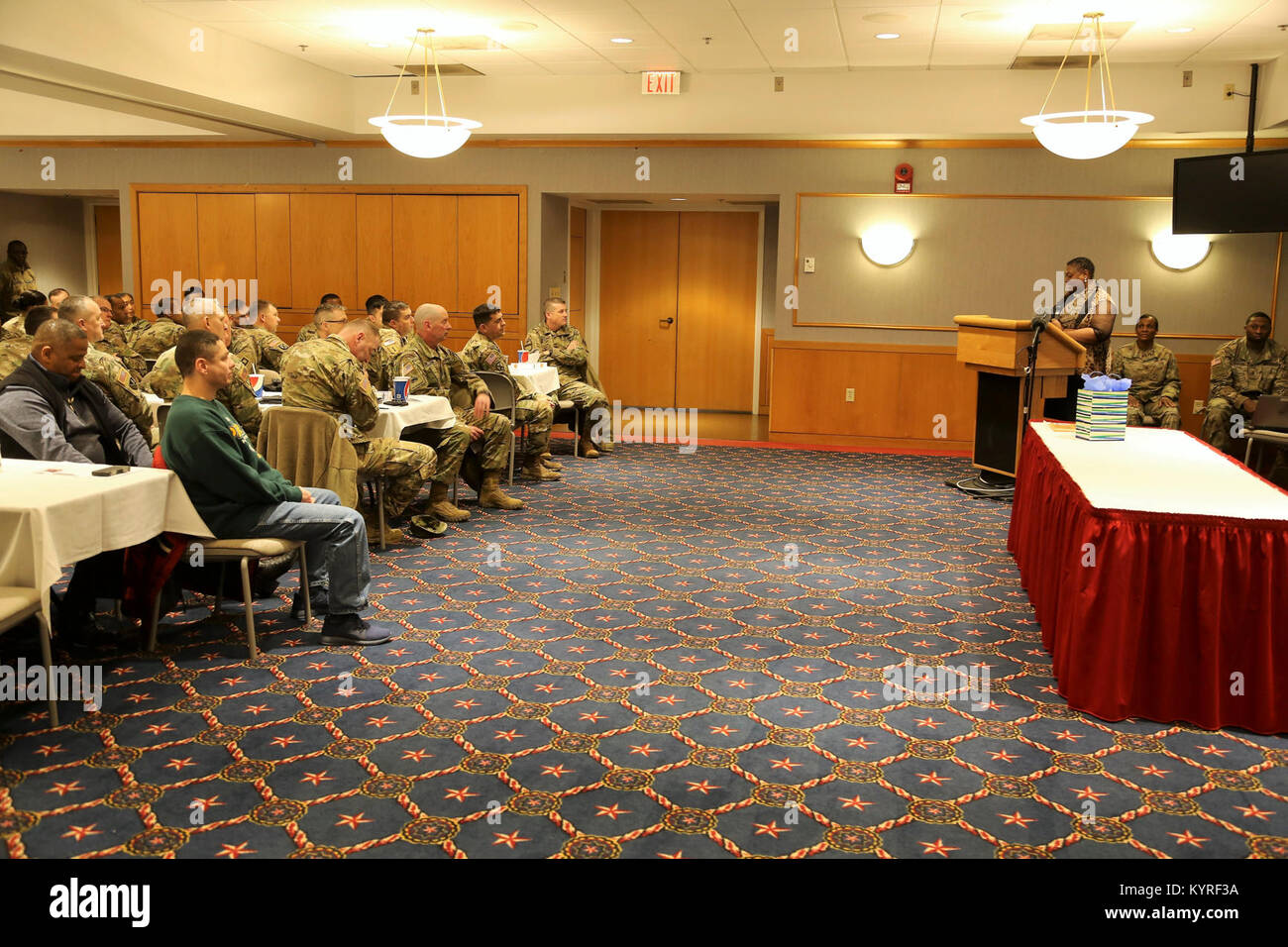 Le révérend Peggy M. Williams avec le Mount Zion Baptist Church de Madison, Wisconsin, donne sa présentation lors de l'installation l'occasion de la journée Martin Luther King le 11 janvier 2018, à Fort McCoy, Wisconsin Williams, originaire de Greenville, Alabama), est titulaire d'un doctorat en ministère dans le développement de la communauté chrétienne et d'une maîtrise en théologie du nord de l'Baptist Theological Seminary-Lombard, Ill. Williams a servi comme l'orateur invité pour l'événement. (U.S. Army Banque D'Images