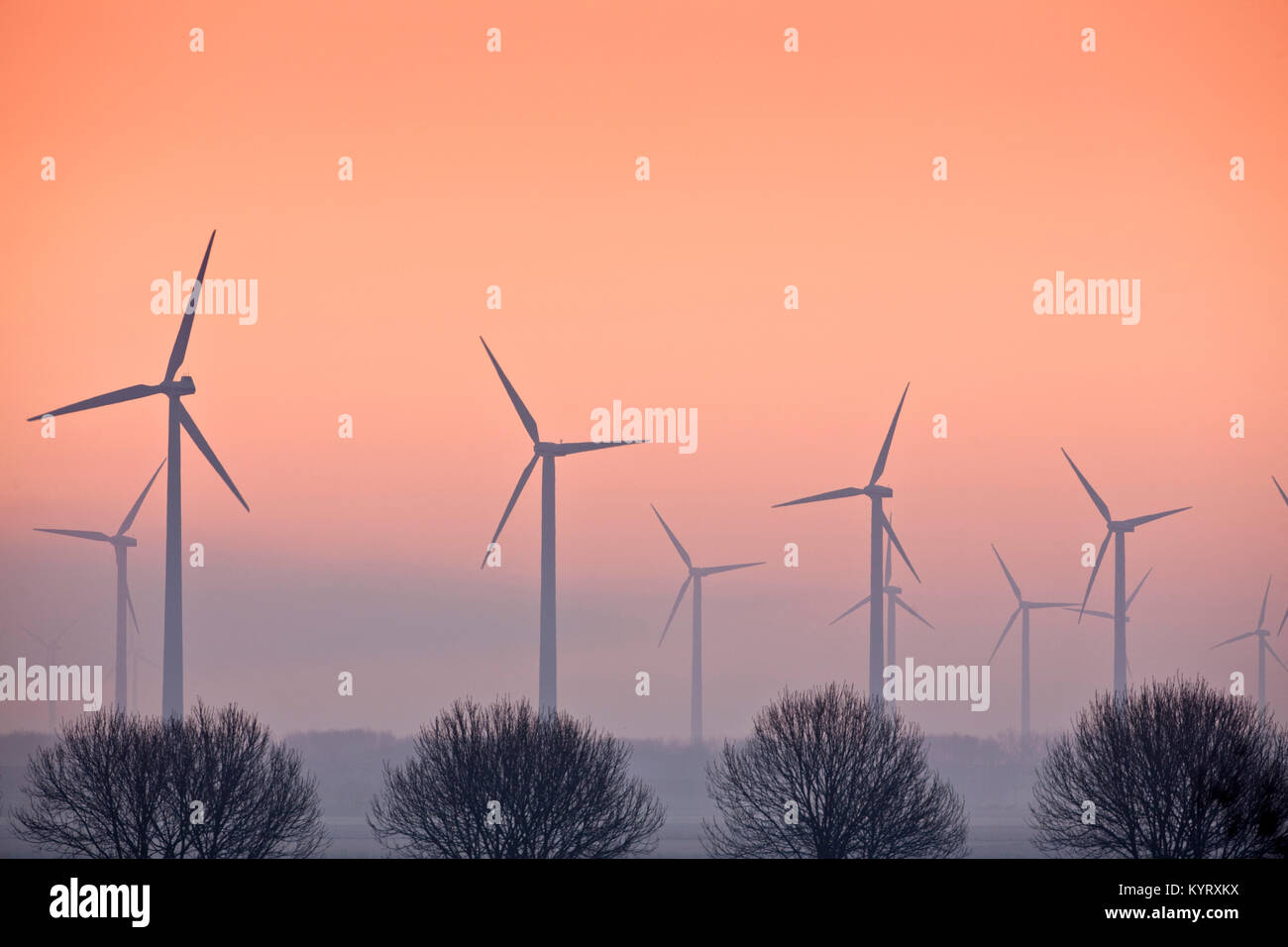 Les Pays-Bas, Lelystad. Éoliennes dans le polder. Le lever du soleil. Banque D'Images