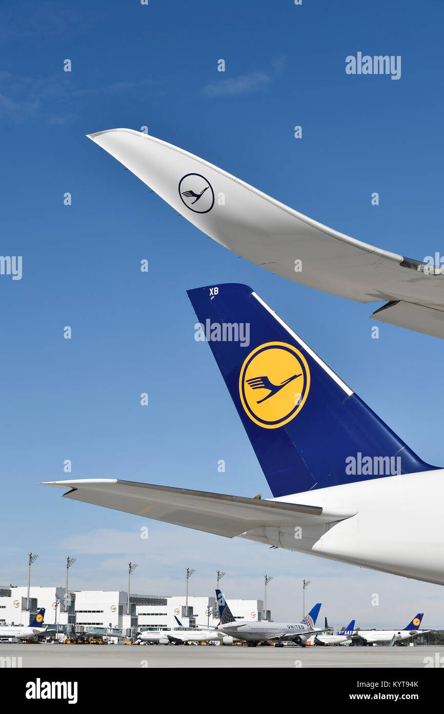 Lufthansa, Airbus, A350-900, avion, avion, avion, compagnies aériennes, airways, rouleau, in, out, de prendre, de commencer, de pousser, rampe, l'aéroport de Munich, Banque D'Images