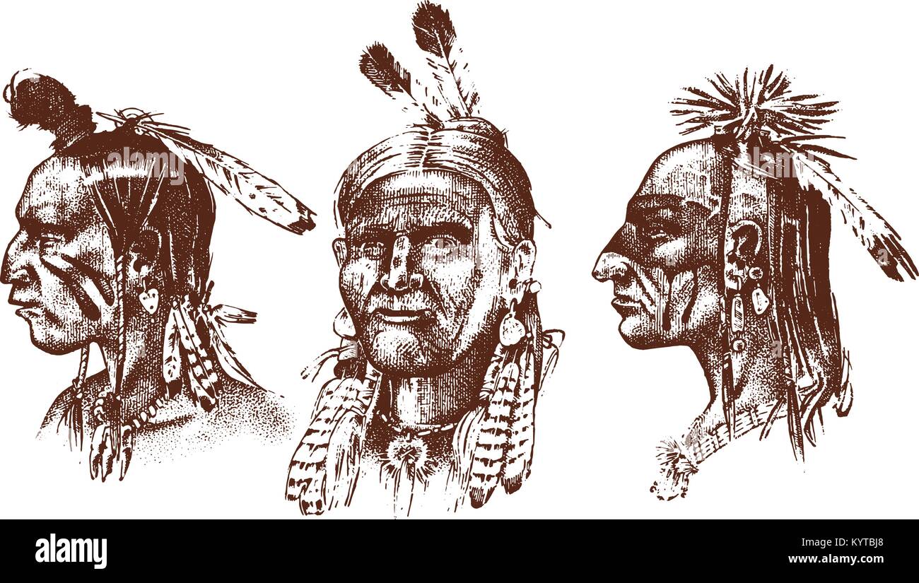 Native American Indian man avec coiffe et plumes. Nord ou l'ouest chef sioux de mascotte. culture traditionnelle. La moitié-face, gravé à la main, croquis réalistes dans le vieux style vintage. Illustration de Vecteur