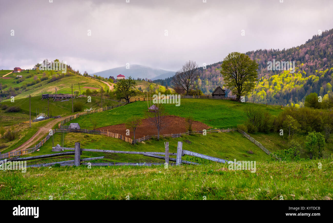Des clôtures en zone rurale sur les pentes herbeuses. joli paysage rural de village montagnard du printemps Banque D'Images