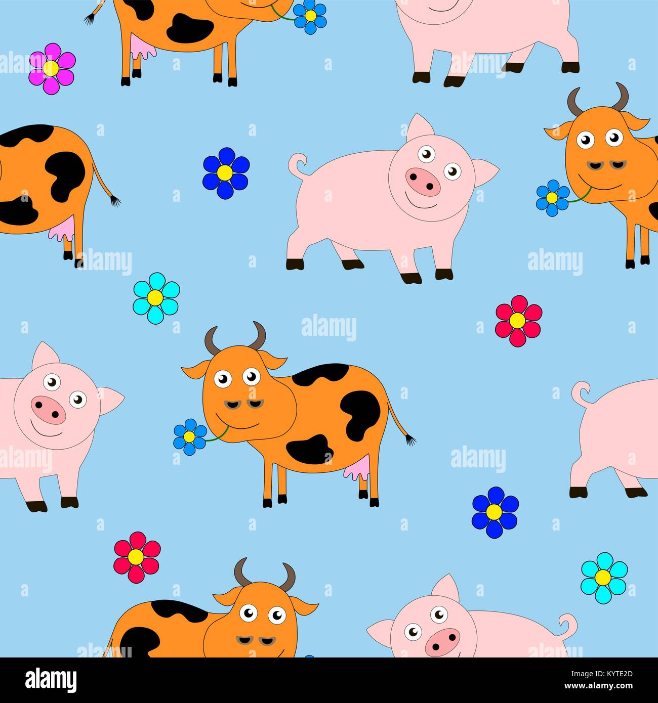 Seamless texture cartoon pour enfants comprenant des porcs et des vaches. Illustration de Vecteur