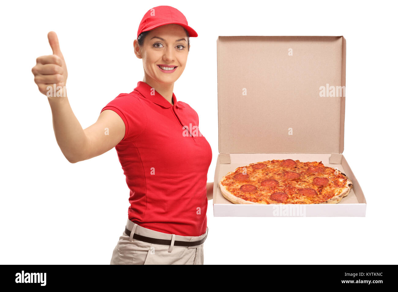 Service de livraison de pizza girl faisant un geste vers le pouce isolé sur fond blanc Banque D'Images