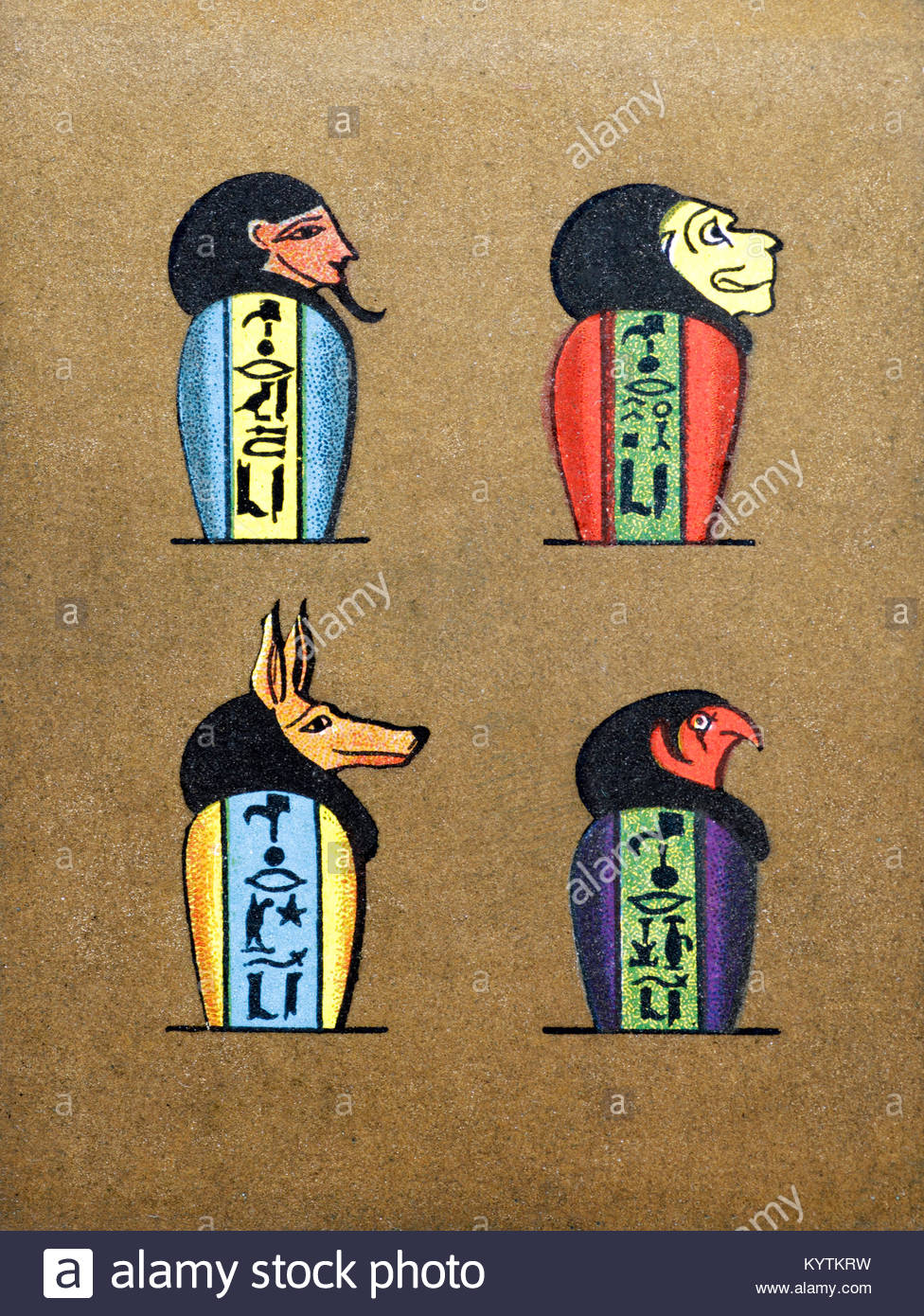 Représentation d'anciens bocaux Canopes égyptiens montrant les 4 fils de Horus - Imsoty, Duamutef, Hapi, Qebehsenuef Banque D'Images