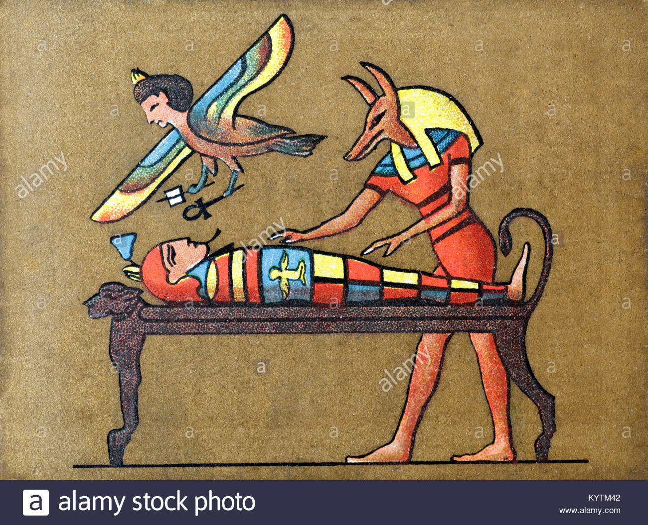 L'inscription d'une âme de l'Égypte ancienne de retourner à l'organisme avec le dieu Anubis prépare à déballer les bandages Banque D'Images