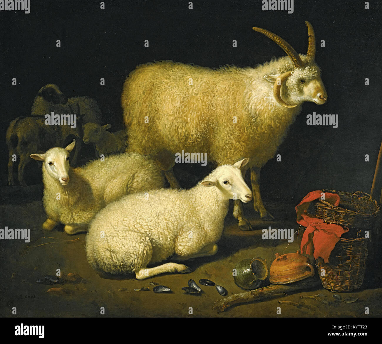 Aelbert Cuyp - une grange intérieur avec un quatre-duc Ram et quatre brebis, et une chèvre, avec une nature morte d'un panier et pots à droite tournée vers le Banque D'Images Aelbert Cuyp - une grange intérieur avec un quatre-duc Ram et quatre brebis, et une chèvre, avec une nature morte d'un panier et pots à droite tournée vers le Banque D'Images
