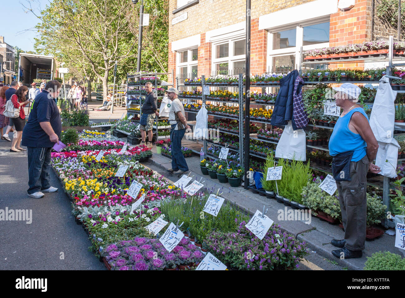 Columbia Road Flower Market stall avec des commerçants, Columbia Rd, Londres, Angleterre, GB, Royaume-Uni Banque D'Images