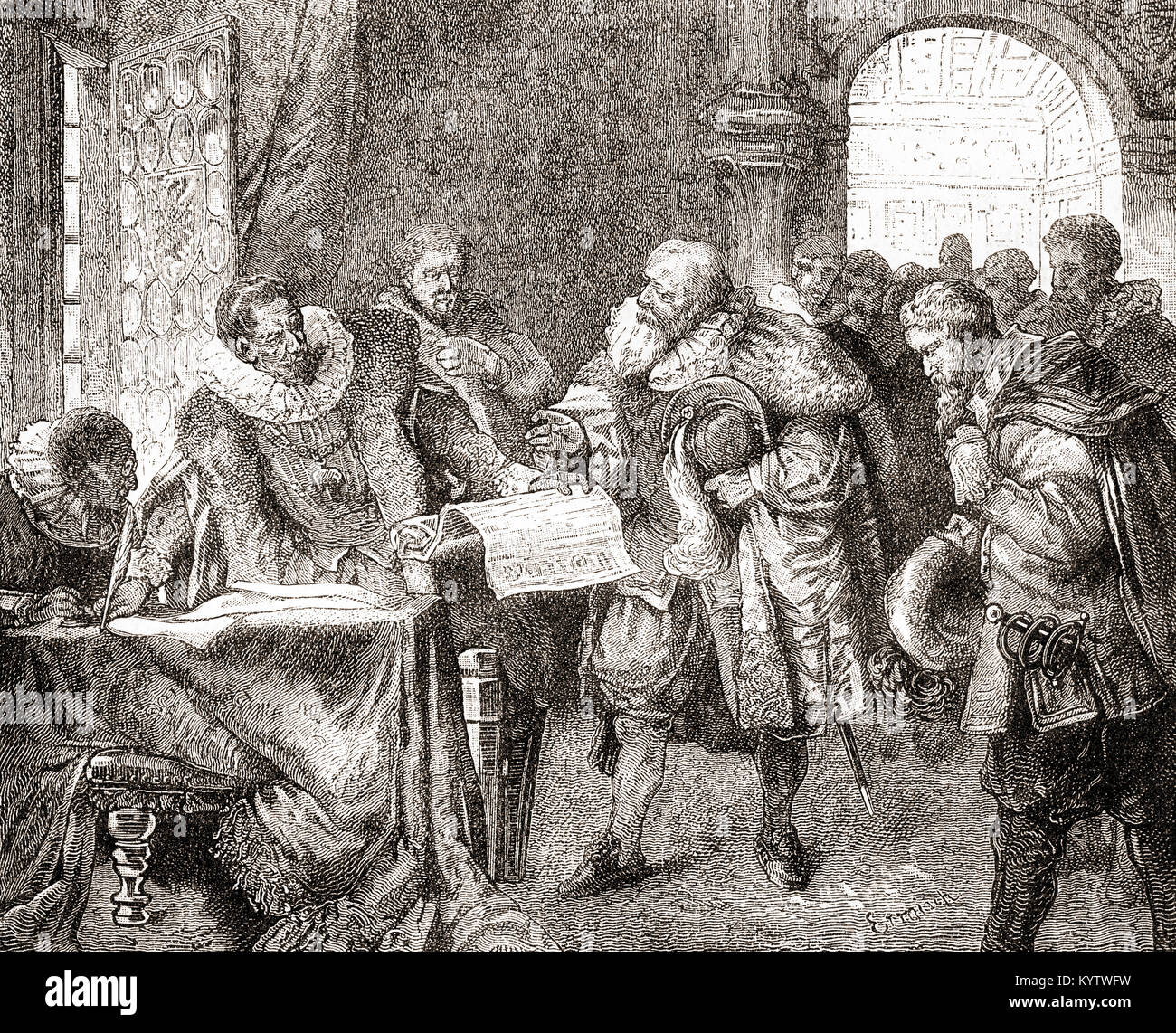 Rodolphe II L'octroi de la Charte de Bohême aka Lettre de majesté, un 17e siècle document européen qui a accordé la tolérance religieuse de protestants et catholiques citoyens vivant dans les domaines de la Bohême. Rodolphe II, 1552 - 1612. L'Empereur, roi de Hongrie et de Croatie (que Rudolf I), roi de Bohême et de l'Archiduc d'Autriche. De Ward et verrouiller l'illustre l'histoire du monde, publié c.1882. Banque D'Images