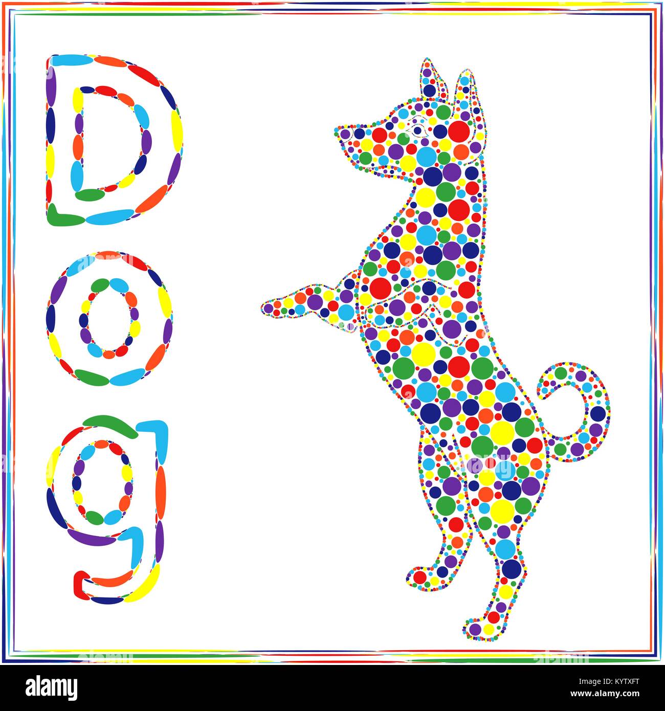 L'article chien rempli par les cercles colorés et d'autres détails, vector kids illustration sur fond blanc avec cadre autour de couleur Illustration de Vecteur