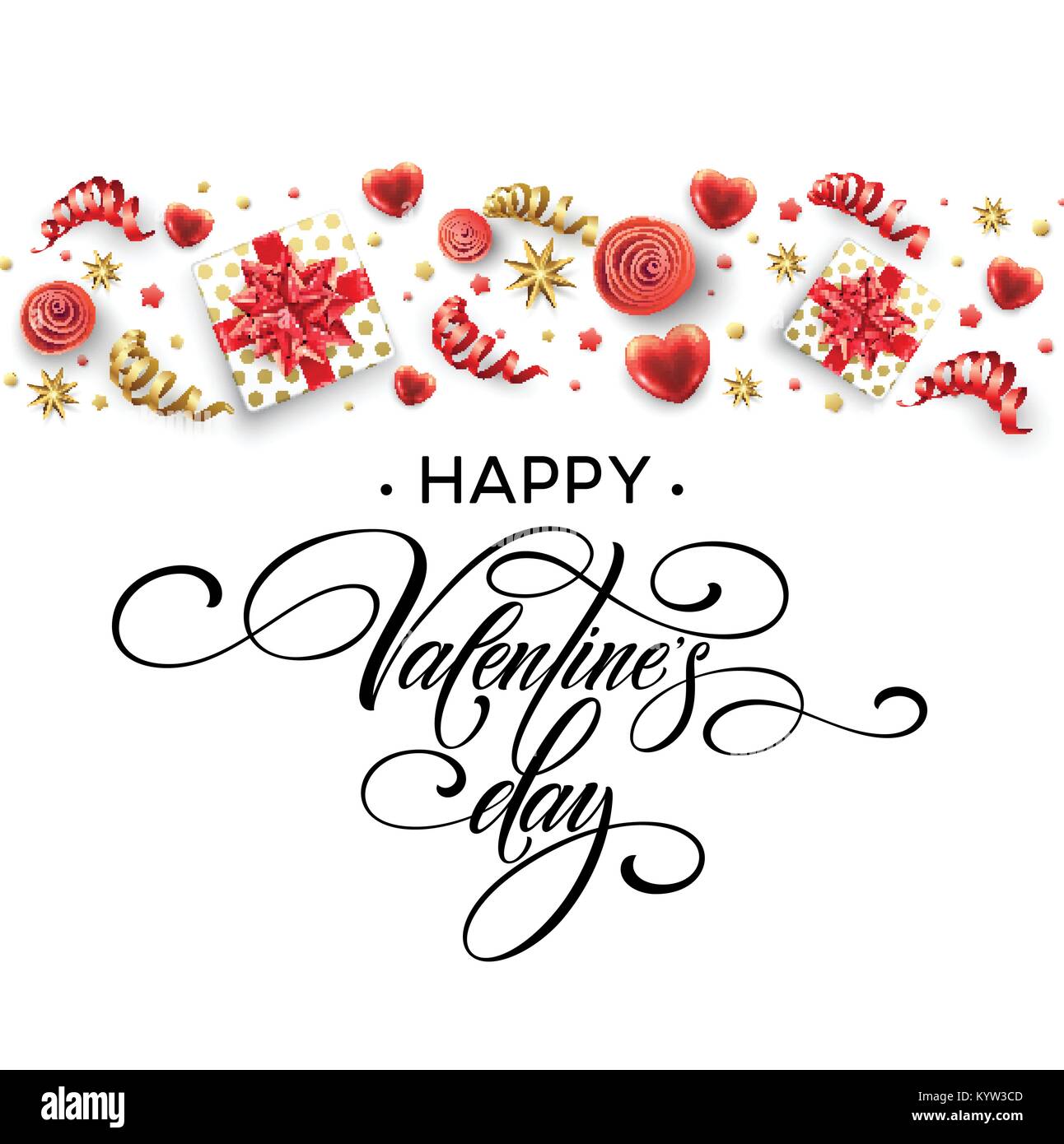 Lettrage calligraphie dessinés à la main, Happy Valentine Day. Boîte cadeau couleur, des arcs et des rubans. Vector illustration Illustration de Vecteur