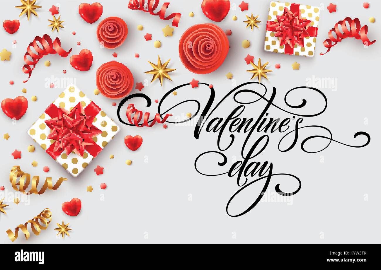 Lettrage calligraphie dessinés à la main, Happy Valentine Day. Boîte cadeau couleur, des arcs et des rubans. Vector illustration Illustration de Vecteur