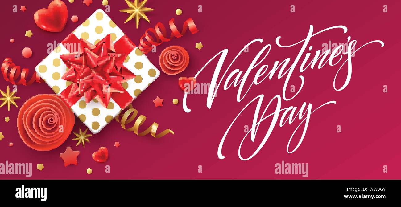 Lettrage calligraphie dessinés à la main, Happy Valentine Day. Boîte cadeau couleur, des arcs et des rubans. Vector illustration Illustration de Vecteur